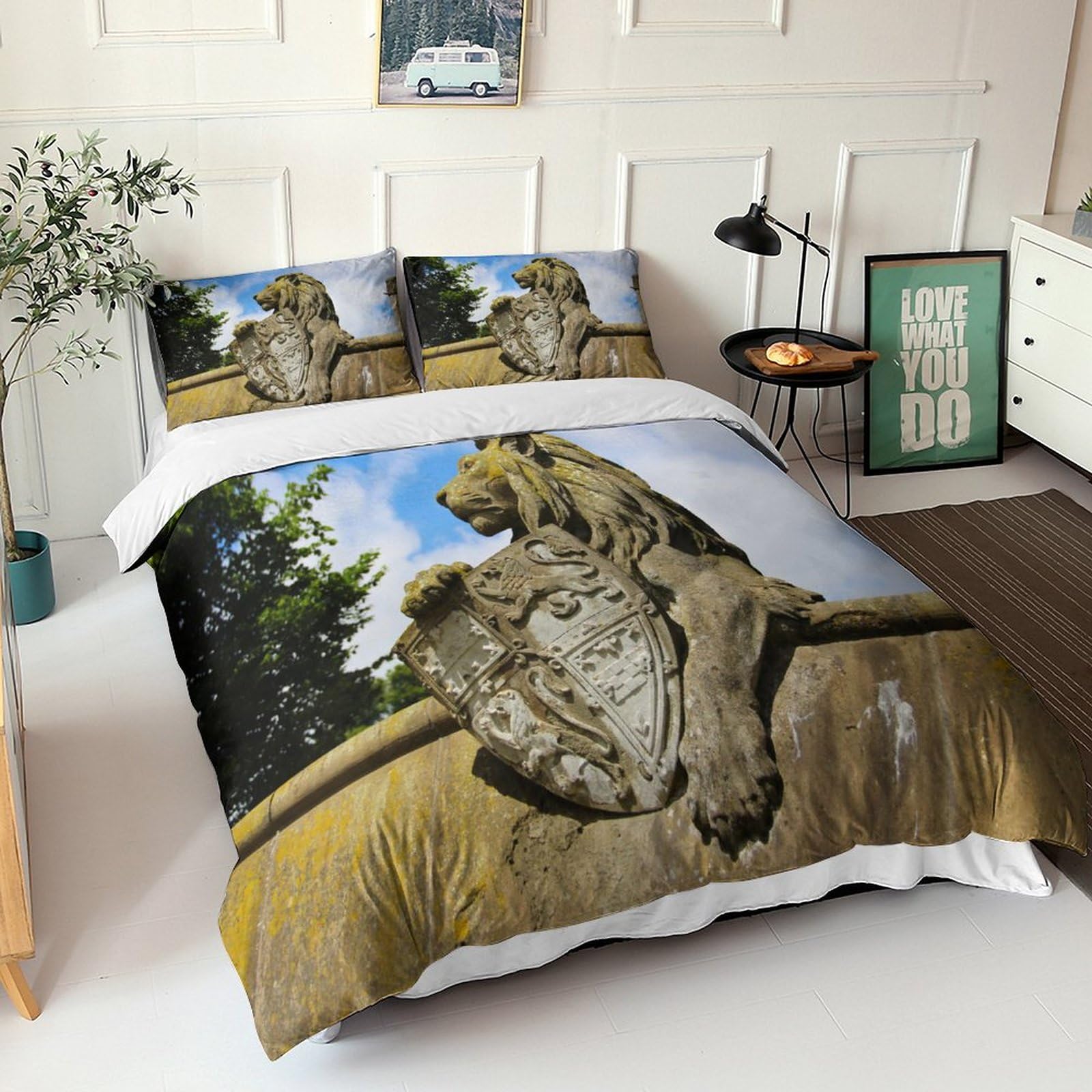 Housse de couette lion sculpté en microfibre douce avec fermeture éclair pour lit King