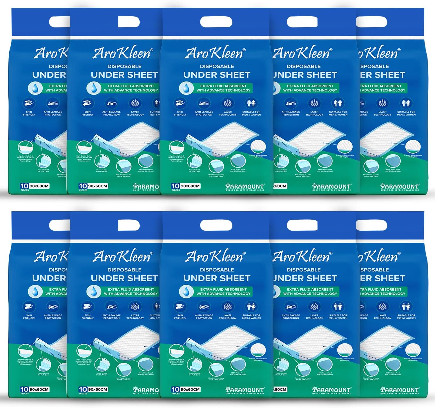 Arokleen Premium Disposable Bed Underpads Large 90x60 CM I 100 Units I Waterproof I Protects surfaces from Incontinence I Super Soft Polymer Pack of 10