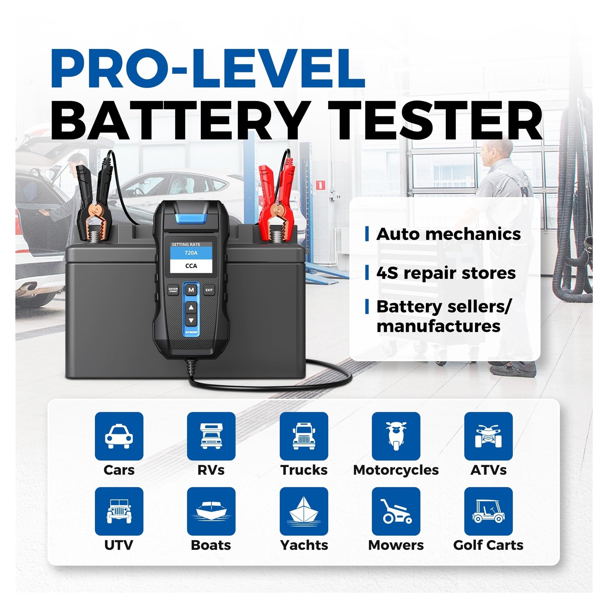 Comprobador de batería BT300P con Impresora, Prueba Carga Coche 12 V for Motocicleta, analizador Arranque y automática