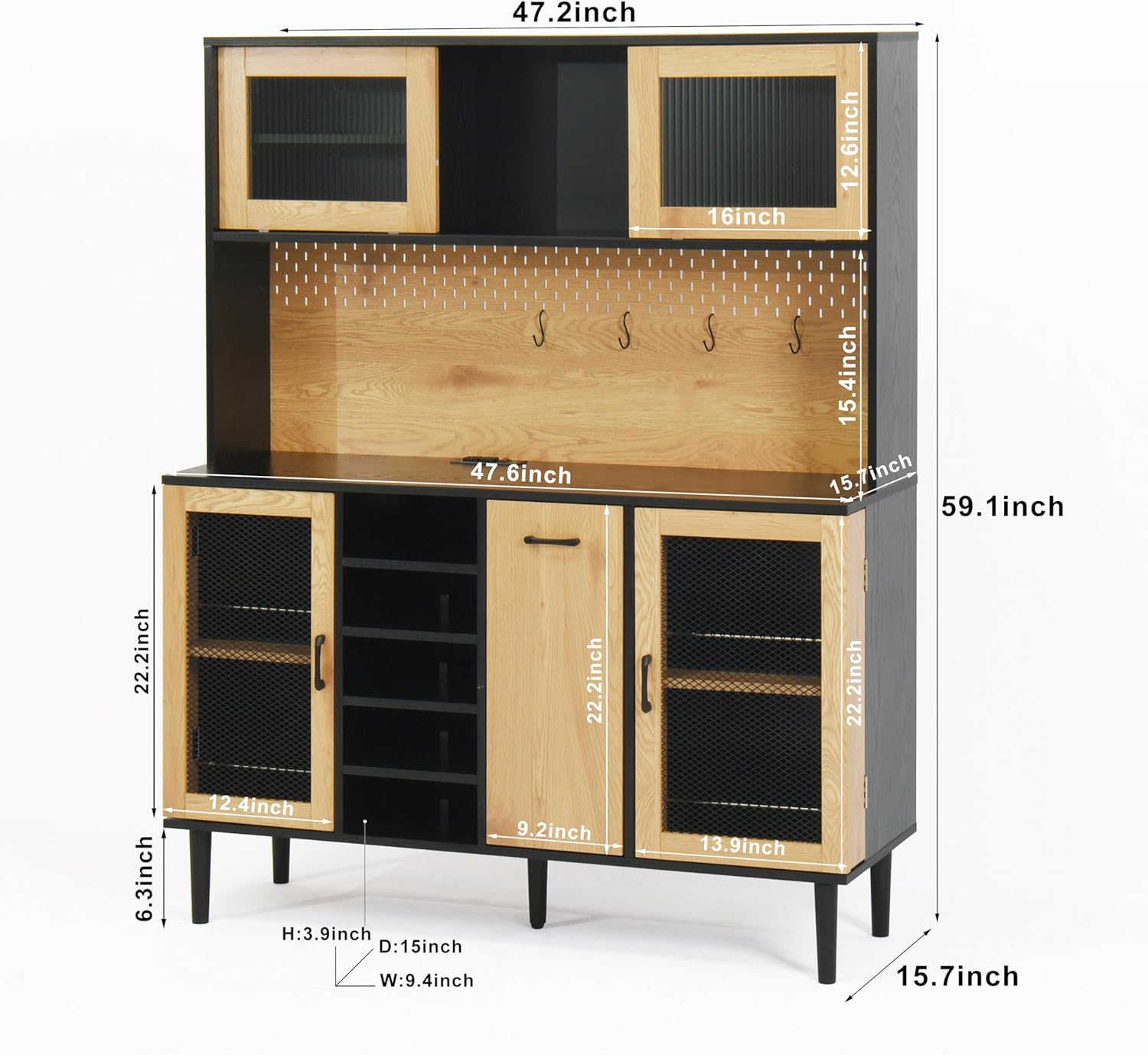 Diagram showing the overall dimensions of the buffet sideboard cabinet: 47.2 inches wide, 59.1 inches high, and 15.7 inches deep.