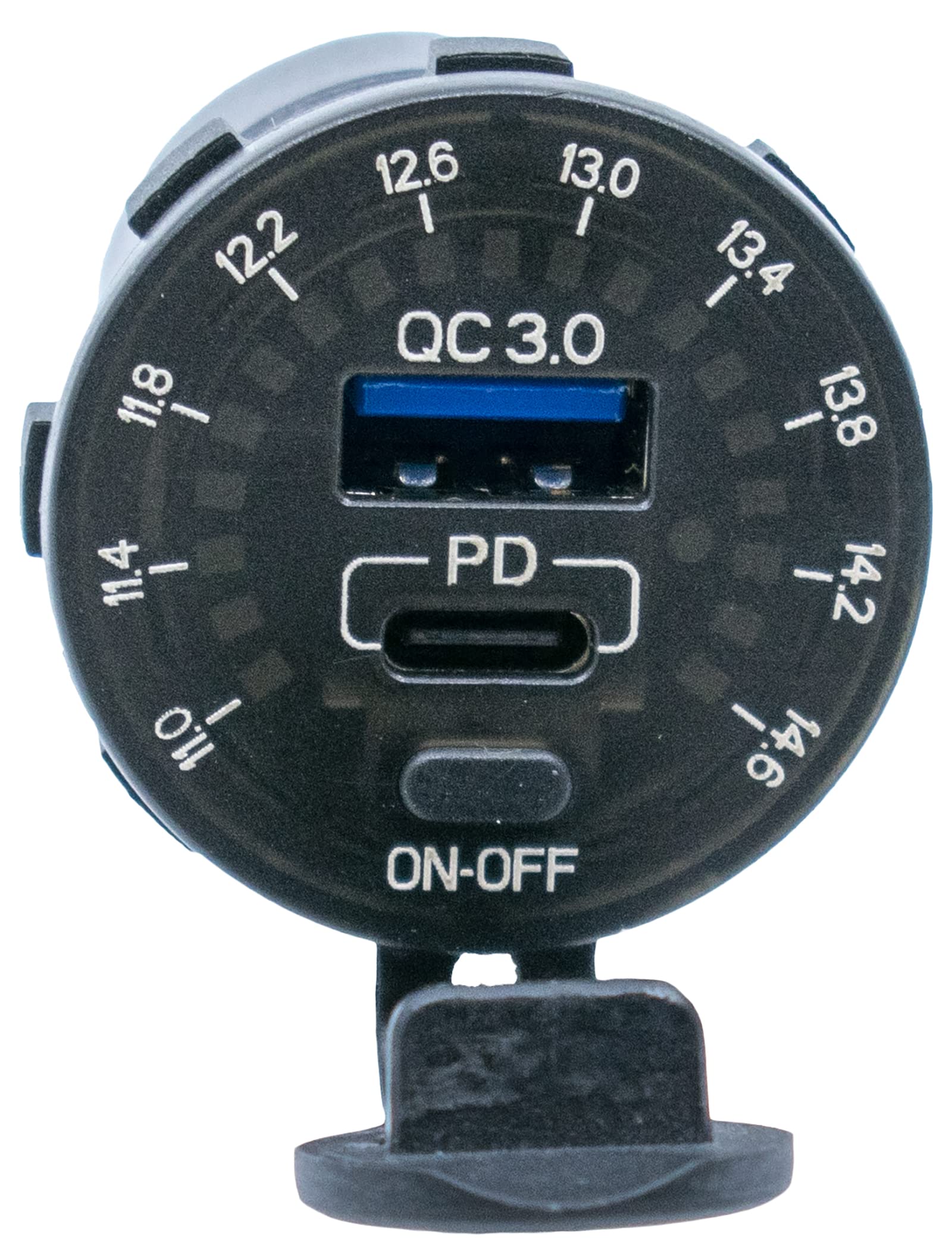 36W Buchse Dual USB Typ C PD 3.0 (36W) + USB A QC4.0 (18W) Schnellladegerät für Auto, Boot, Marine & RVs mit eingebautem Voltmeter