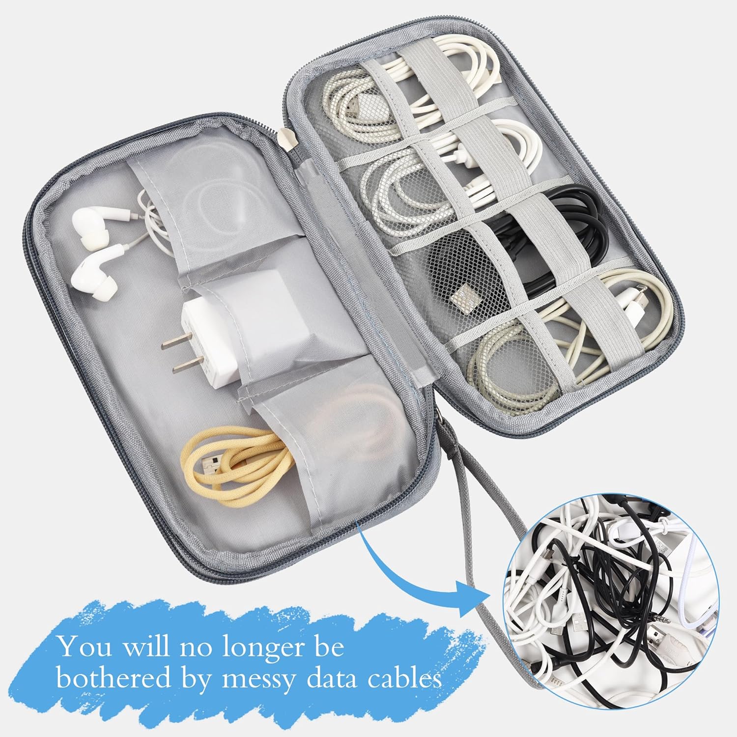 Yokuni Datakabel Organizer Tas, Dubbellaags Ontwerp, met Draagbaar Handvat, Reistas, Geschikt Voor Datakabels, Elektronische Accessoires, Usb-Powerbanks en Sd-Kaarten (Beige
