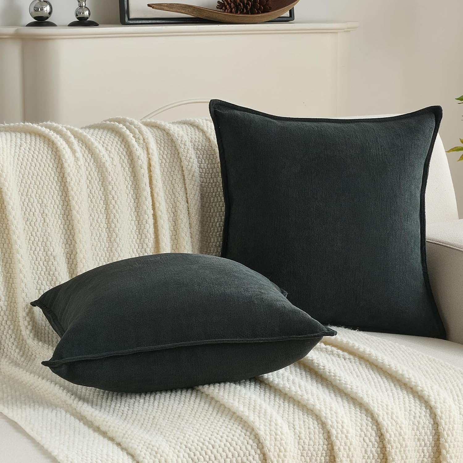 FUTEI Black Chenille Throw Pillow Covers 18x18 Inch Set of 2,Edges Double-Stitched Cushion Cases,Modern Home Decor for Couch Living Room - Image 5