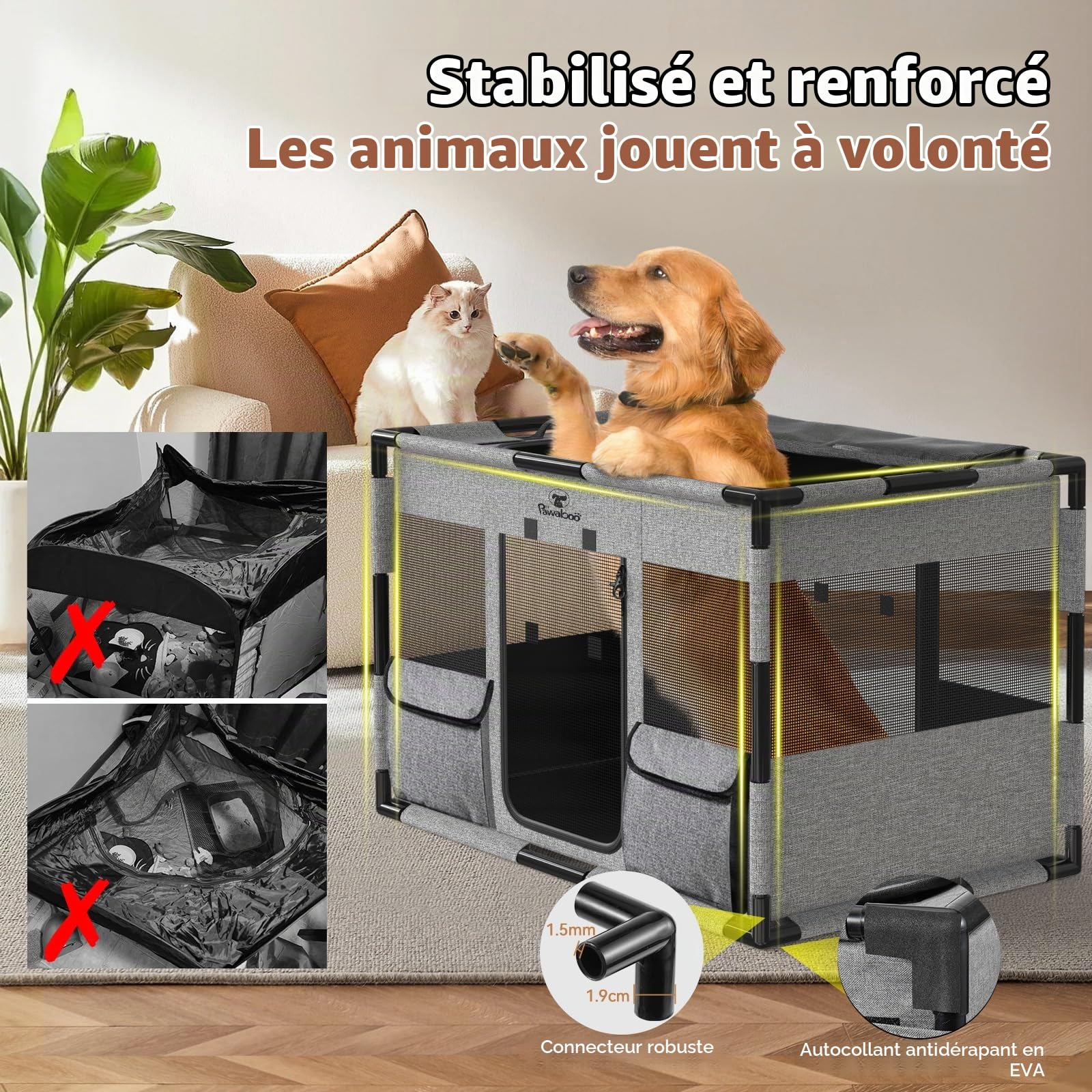 Pawaboo Parc Chien Portable avec Toit et Porte L, Gris/Noir | Fabriqué en tissu Oxford 600D imperméable avec maille respirante, poches et sac de transport.