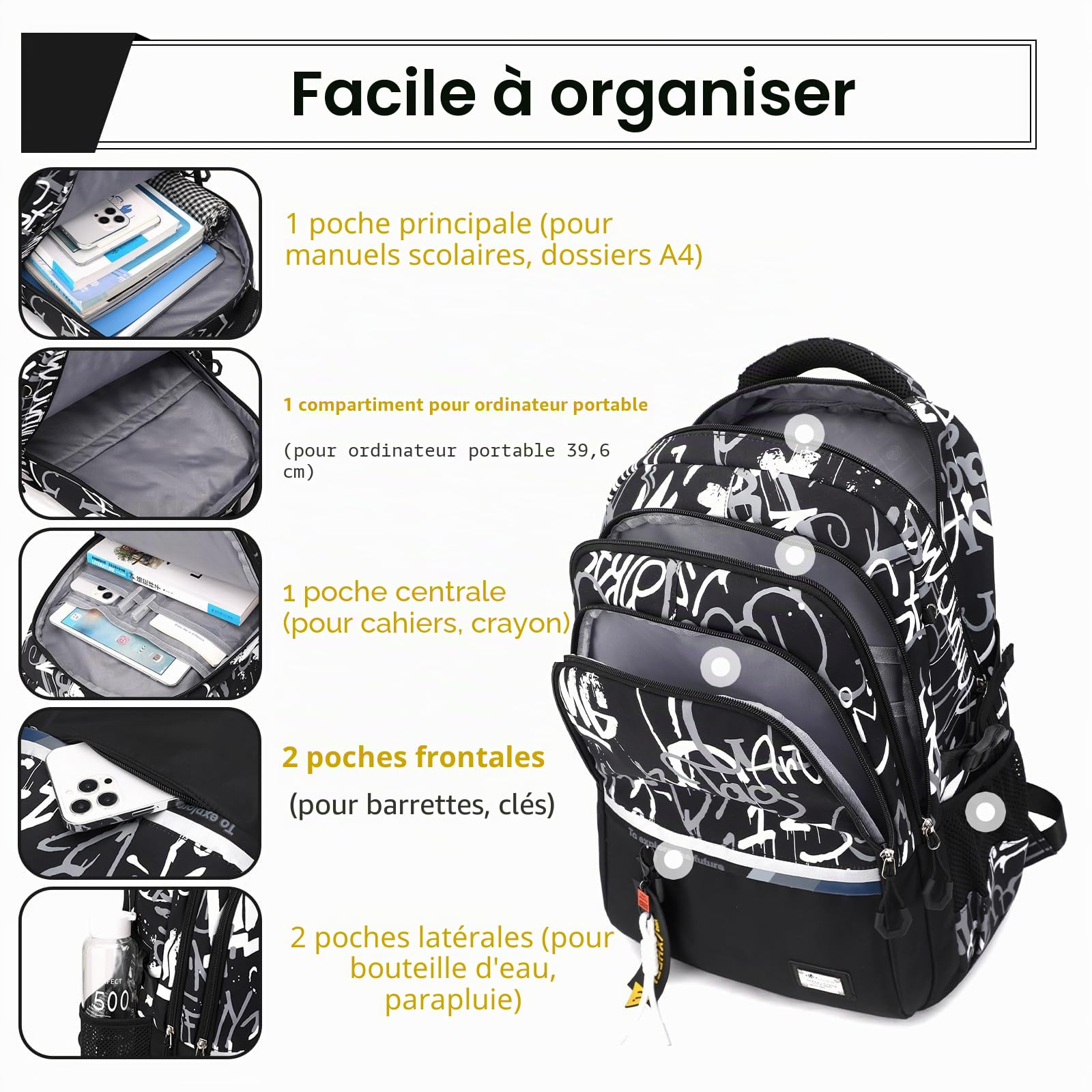 Amythe Sac à Dos College pour Garçons Adolescents Tendance Grande