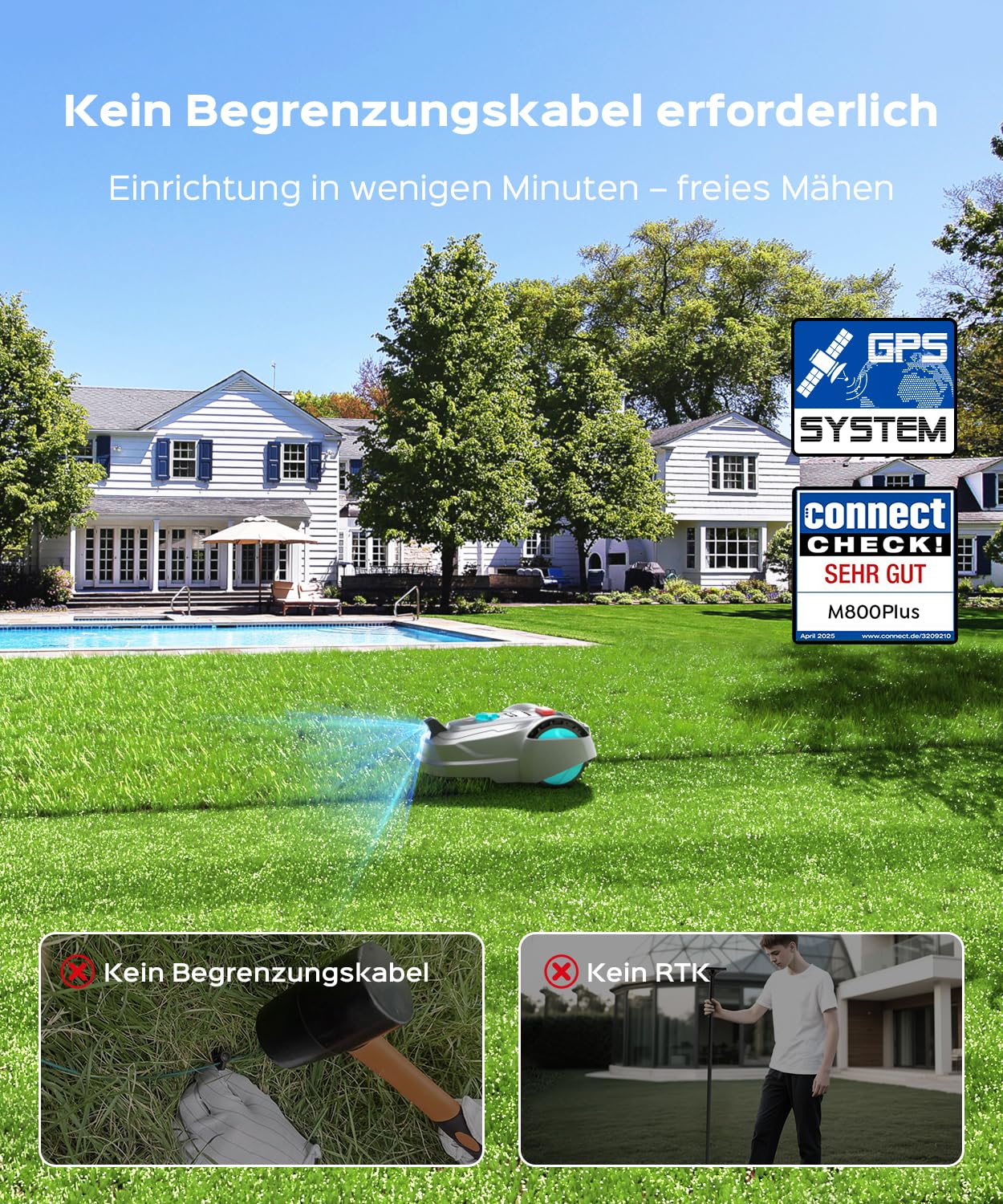 YARDCARE M800Plus Mähroboter ohne Begrenzungskabel, 800 m², GPS Positionierung+KI Vision Rasenmäher Roboter ohne Kabel, U-förmiger Mähmodus, 150 Hinderniserkennungen, automatische Aufladung, App