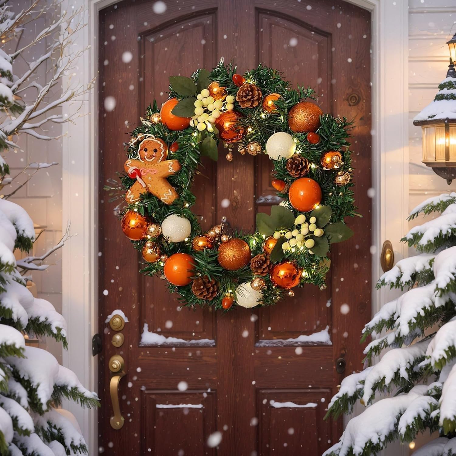 クリスマスリース アウトドア - 15.7インチ ホームデコレーション ジンジャーブレッドリース ライト付き | リアルなホリデーデ