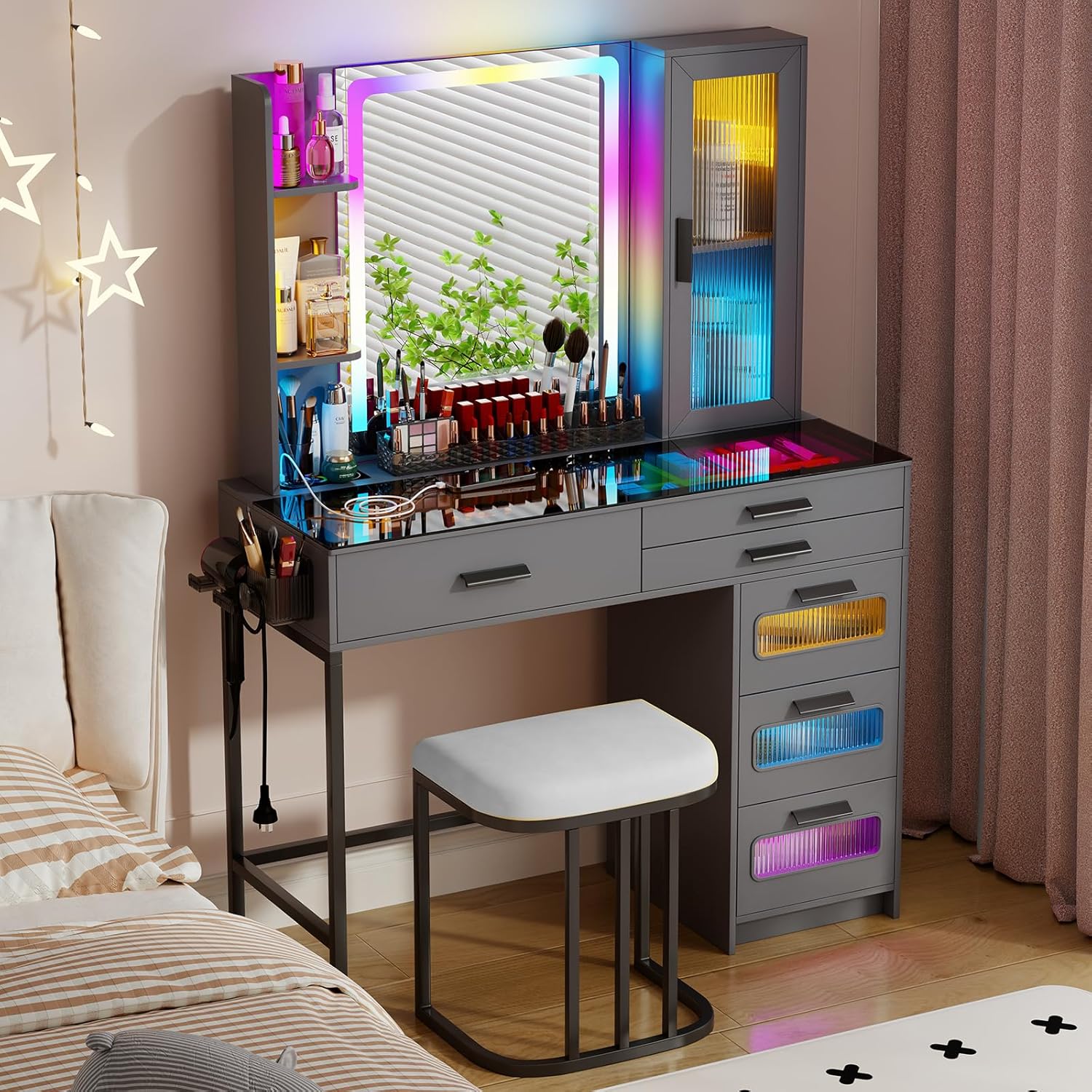 Makeup Vanity Desk with Mirror and RGB Lights,Glass Top Vanity Table with Wireless Charging & Stool,Vanity Set with 6 Drawers & Storage Cabinet & Makeup Organizer,Bedroom(Grey)