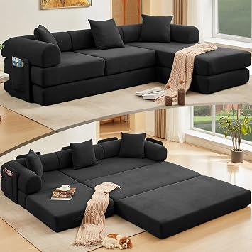 107" Oversized L Shaped Convertible Sleeper Sofa Bed, Corduroy Modular Folding Sectional Sofa with Cylindrical Pillow & Storage Bags, Modern Floor Mattress Couch for Living Room, Black