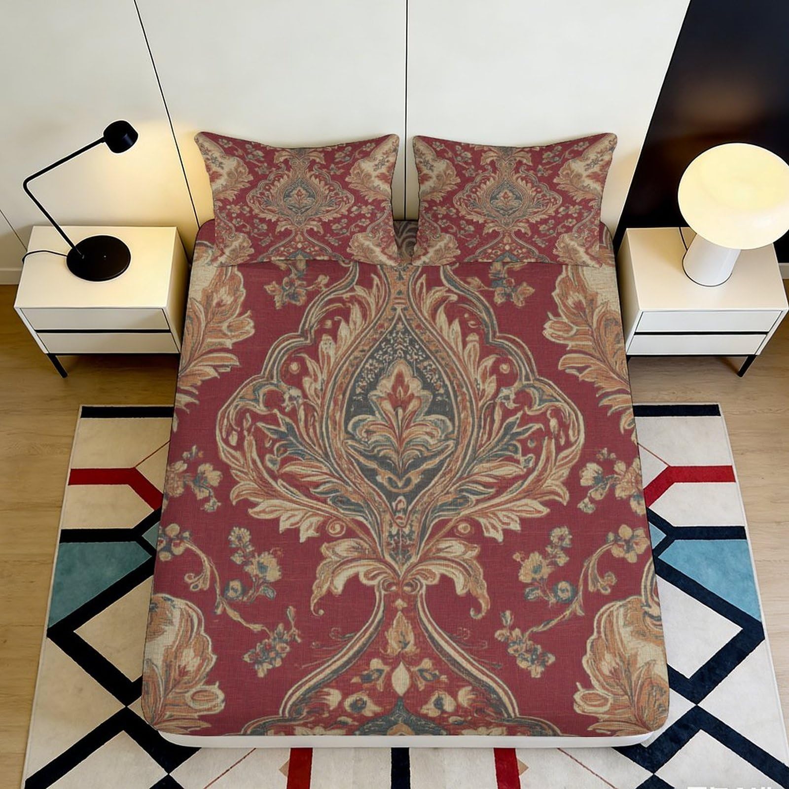 3D Printed Vintage Persian Fitted Sheet Microfiber Soft Breathable Floral Damask Mattress Cover for Bedroom Guest Room Decor 90x200x25cm