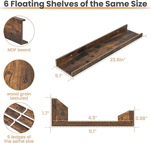 Miniatura 3 de upsimples Estantes flotantes para pared, estantes de 23.6 pulgadas para almacenamiento de decoración, juego de 6, estante de madera montado en la