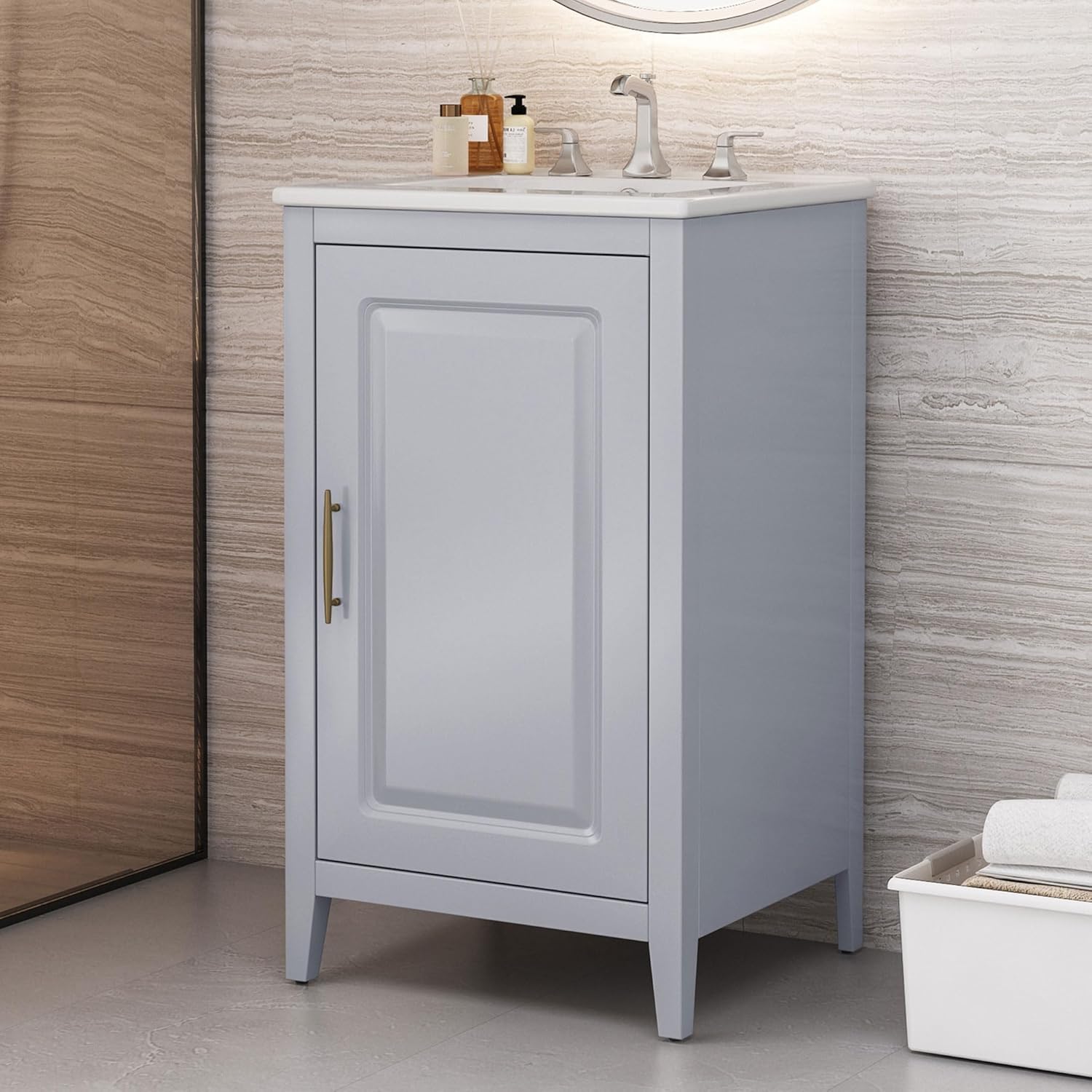 20.3'' Narrow Grey Bathroom Vanity with Sink, Modern Bathroom Storage Cabinet, Functional Drawer, Door Shelf, Soft-Closing Door, Single Sink Vanity for Small Space (Grey)