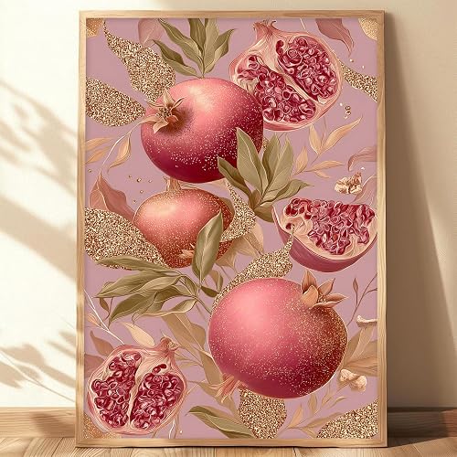 Abstract Kitchen Fruit Wall Art Pink Vintage Pomegranate Poster Watercolor Funny