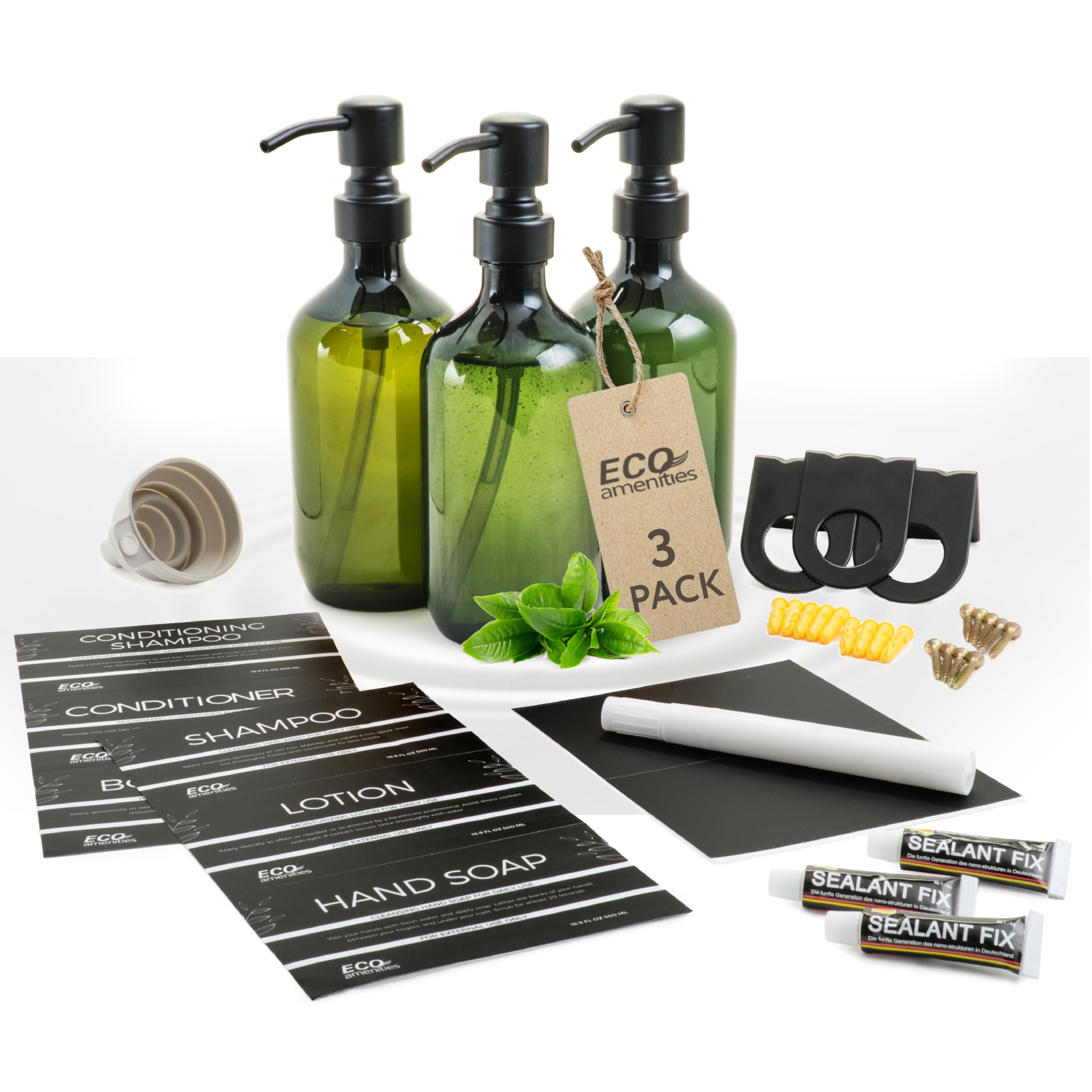 ECO Amenities 3 Pack PET Plastic Pump Bottle Dispenser with Holders, Green, 16.9 fl oz (500ml) Refillable, Hand Soap Bottles with Pump for Shampoo and Other Airbnb Hotel Toiletries