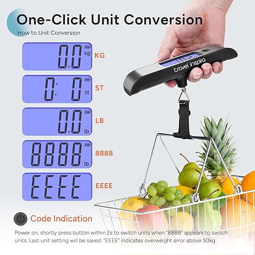 Miniatura 6 de travel inspira Báscula de equipaje recargable de 110 lb50 kg - Pantalla retroiluminada grande - Acero inoxidable - Báscula digital portátil para