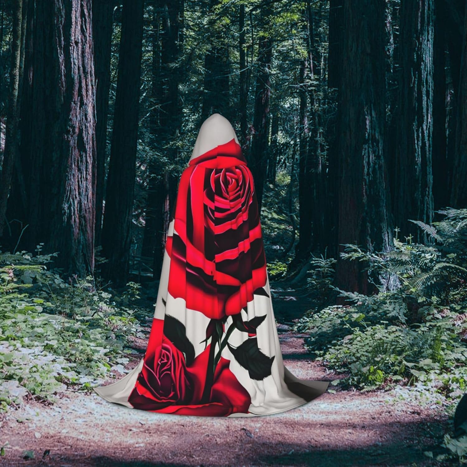 Red rose print Wizard Hooded Robe Medieval Cape Renaissance Cloak for Men Women Halloween Costume