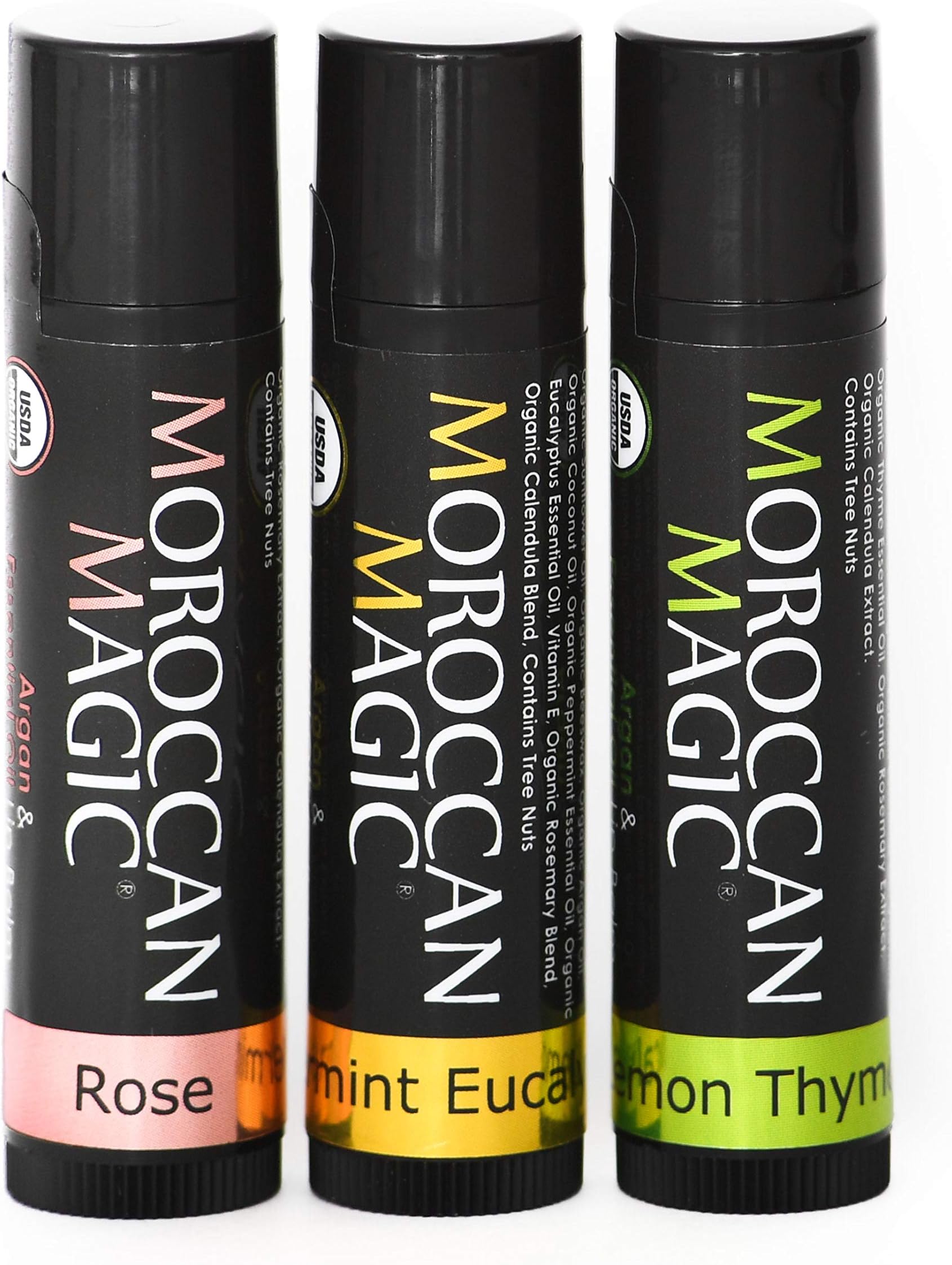 Moroccan Magic Organic Lip Balm Variety Pack Gift Set | Natural Argan and Essential Oils | Quality Smooth Application | Non-Toxic Cruelty Free | Rose, Peppermint Eucalyptus, Lemon Thyme | 3 Pack