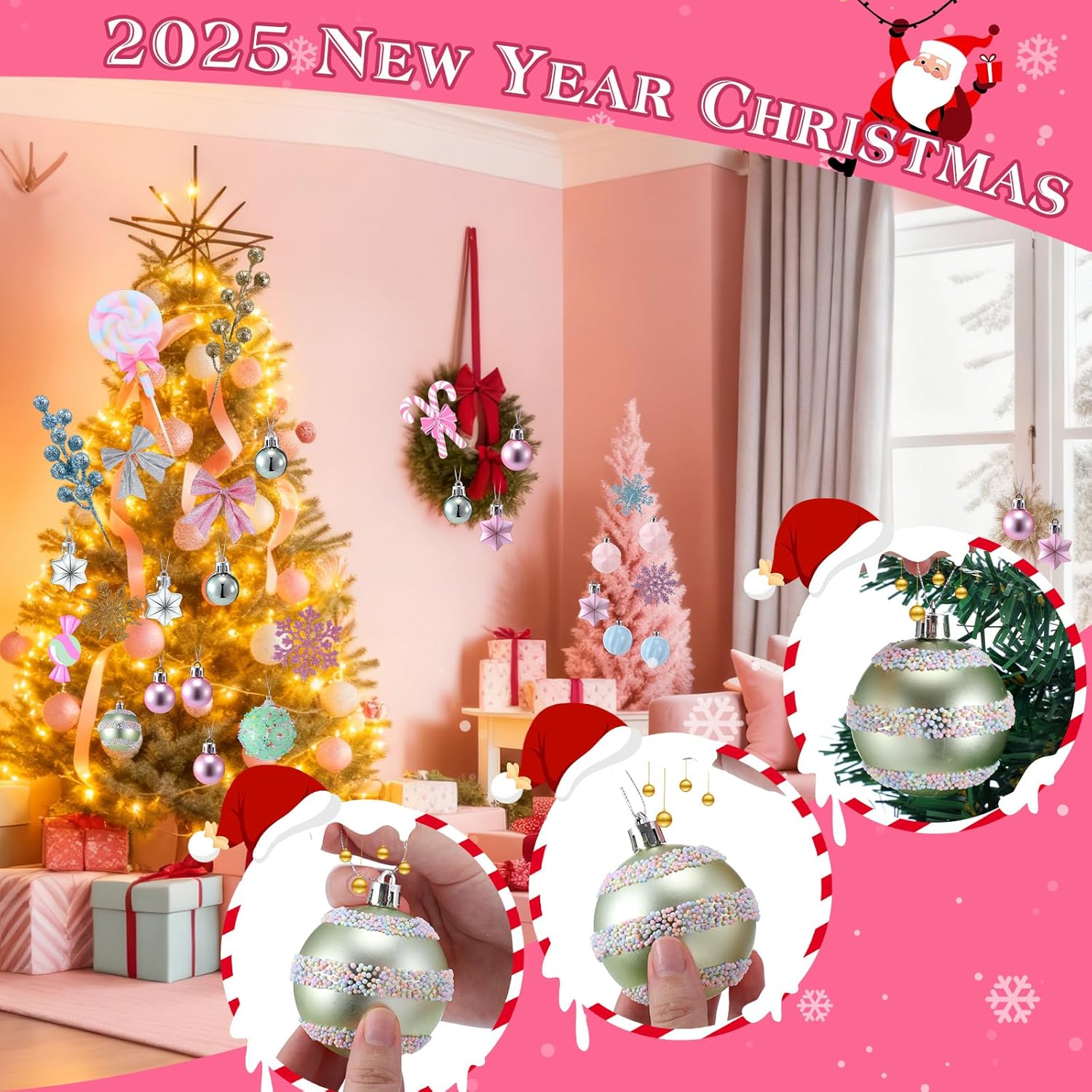 111 Pcs Pastel Christmas Tree Ornaments Candy 2026 New Year Pink Lollipops Snowflake Candy Cupcakes Donuts Ice Cream Foam Hanging Decorations Christmas Tree Birthday Party Wreath Arts Decor