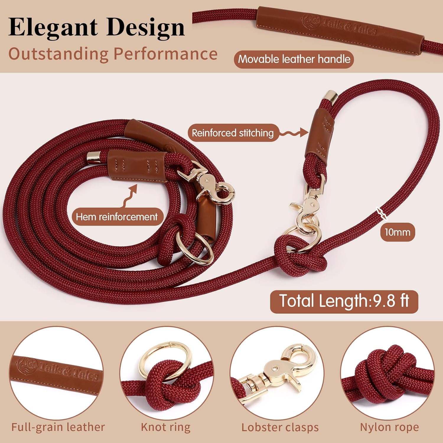 Tails & Tales Hands Free Dog Leash for Walking Running Training, Adjustable Lead Up to 9.8ft, Dogs Up to 125lbs, Crossbody, Dual Handle, Multifunctional, Double Attachment for 2 Dogs (Winery Red)