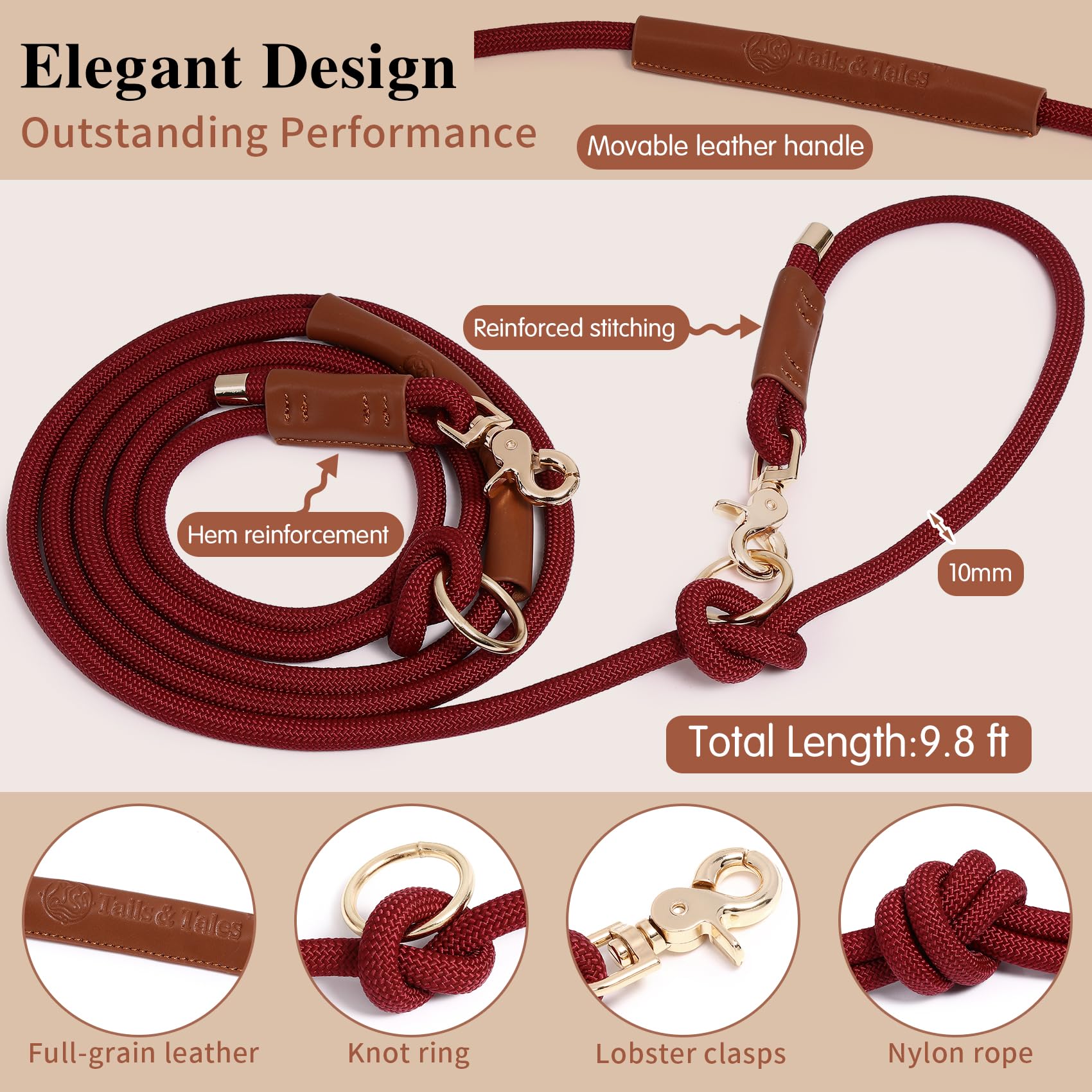 Tails & Tales Freihändige Hundeleine, Taillenleine für Spaziergänge mit dem Hund, Crossbody, multifunktional, Hundeleine, Laufen, Doppelleine für 2 Hunde, Doppelgriff, Hundetraining, Weingut Rot