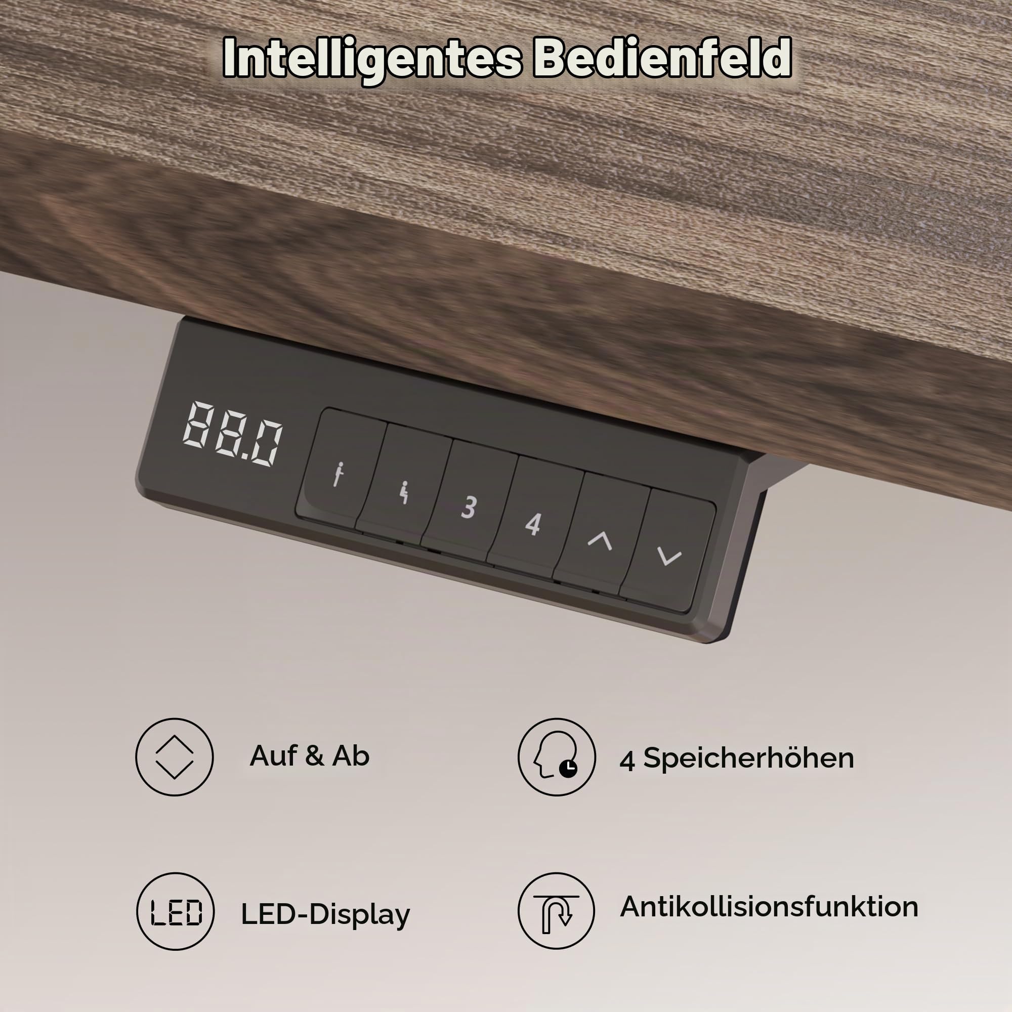 SANODESK Höhenverstellbarer Schreibtisch mit Dual-Motor 180 x 80 cm | Große Arbeitsfläche, 72–121 cm höhenverstellbar, 90 kg belastbar, 4 Speicherpositionen, leiser Antrieb (Braun+Schwarz)
