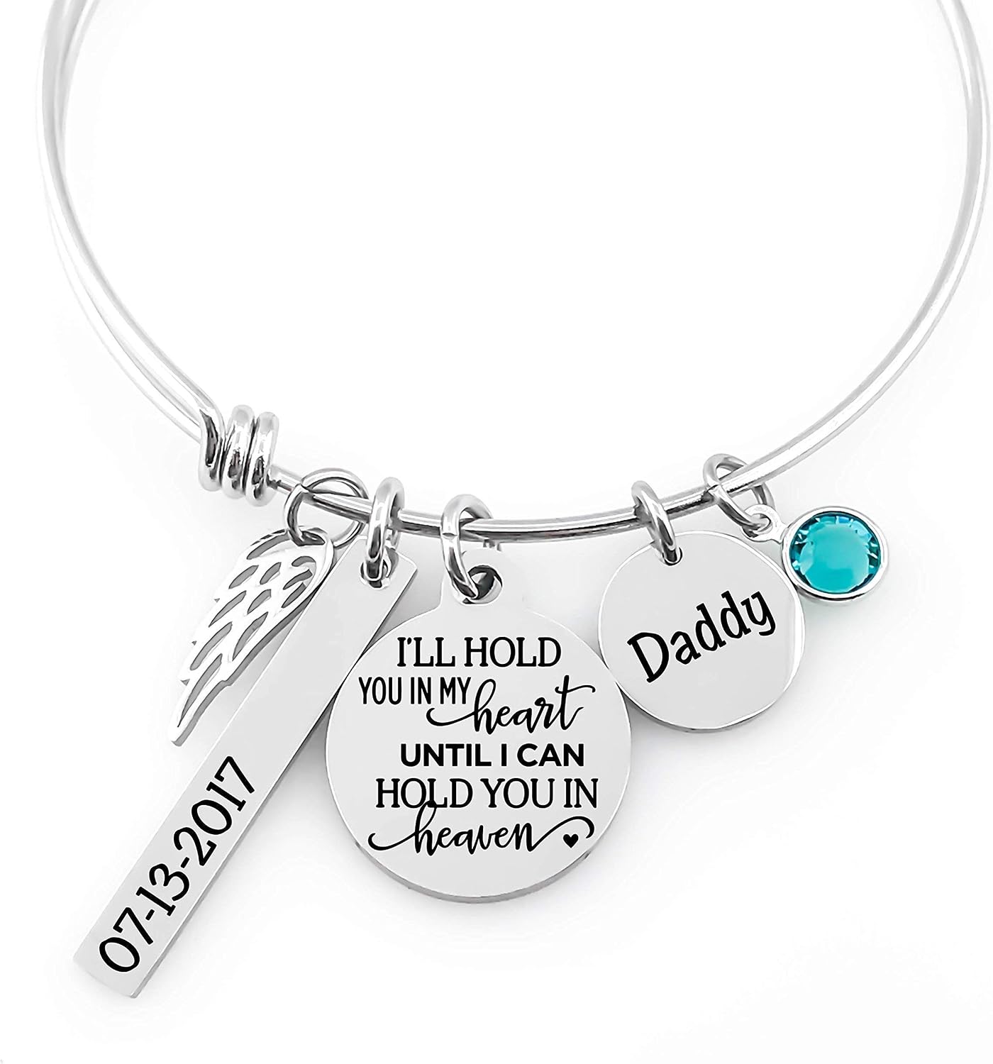 Memorial Bangle – “I’ll Hold You in My Heart Until I Hold You in Heaven” – Sympathy Gift with Name Disc, Angel Wing, Birthstone & Date Charm – Personalized Grief Jewelry for Loss of Loved One