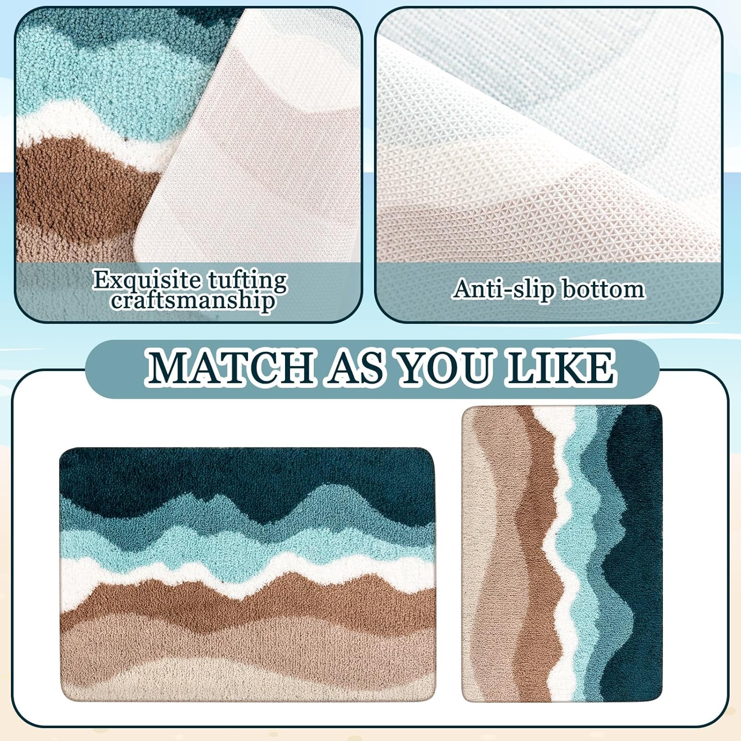 Breling Bath Mat Set of 2 Ocean Beach Teal Fluffy Absorbent Microfiber Rugs Non Slip Bath Mats for Bathroom Floor Tub and Shower, Washable, Ultra Soft, Quick Dry (32 x 20 Plus 24 x 17 - Inches)