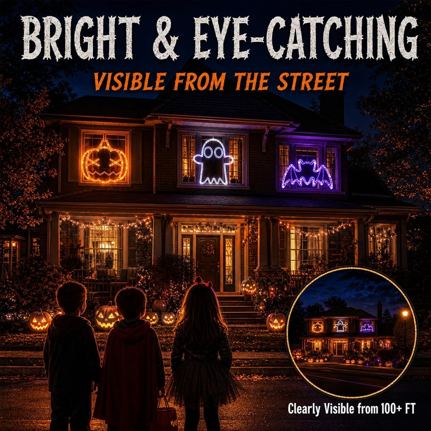 Halloween Window Lights, 3 Pack Pumpkin, Ghost, Bat Lights | Halloween Window Decorations, Orange, White, Purple Battery Operated, Suction Cup, 8 Flashing Modes, Timer, Indoor Lights