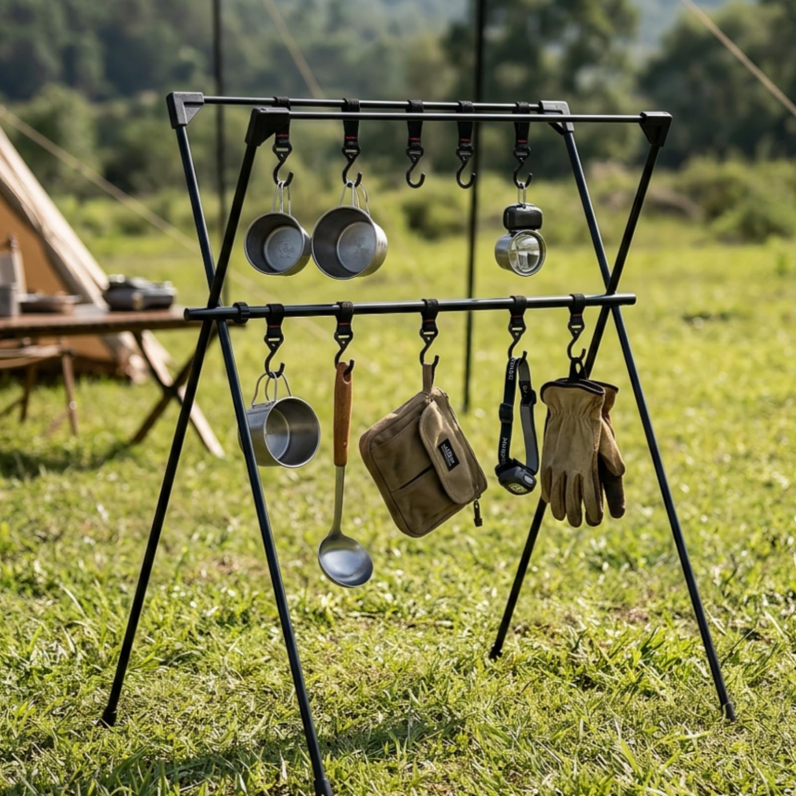 Amagogo Outdoor Lagerregal Camping Hängeregal Aufbewahrungsständer Organizer Hakenleiste mit Robustem Dreiecksrahmen aus Metallverbund Tragbar mit Tragetasche für Zeltlager Festival Garten