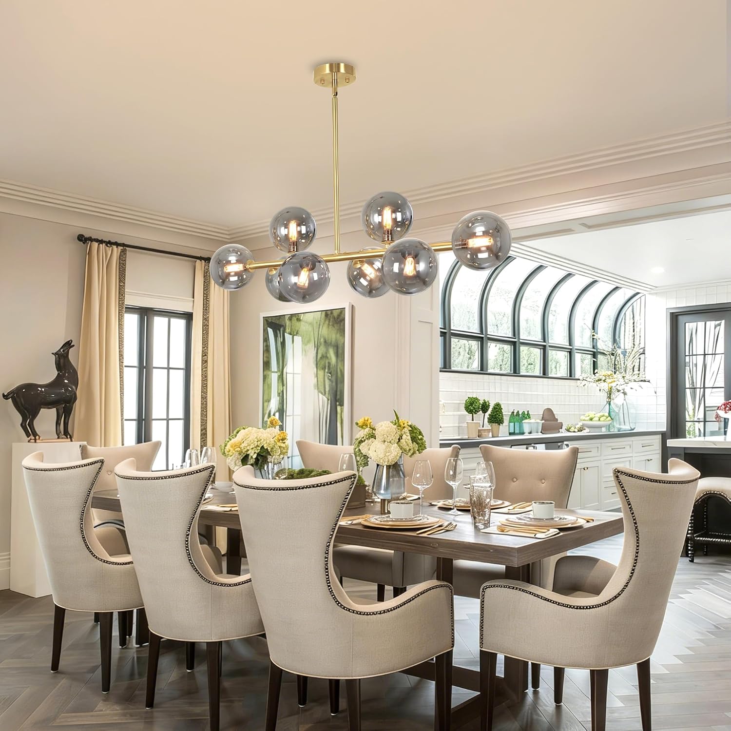 Dining Room Chandelier 37" Gold Sputnik Linear Chandelier for Dining Room, Island Light for Kitchen with Gray Globe Rectangle Linear Sputnik Pendant Light for Kitchen Island, Copper