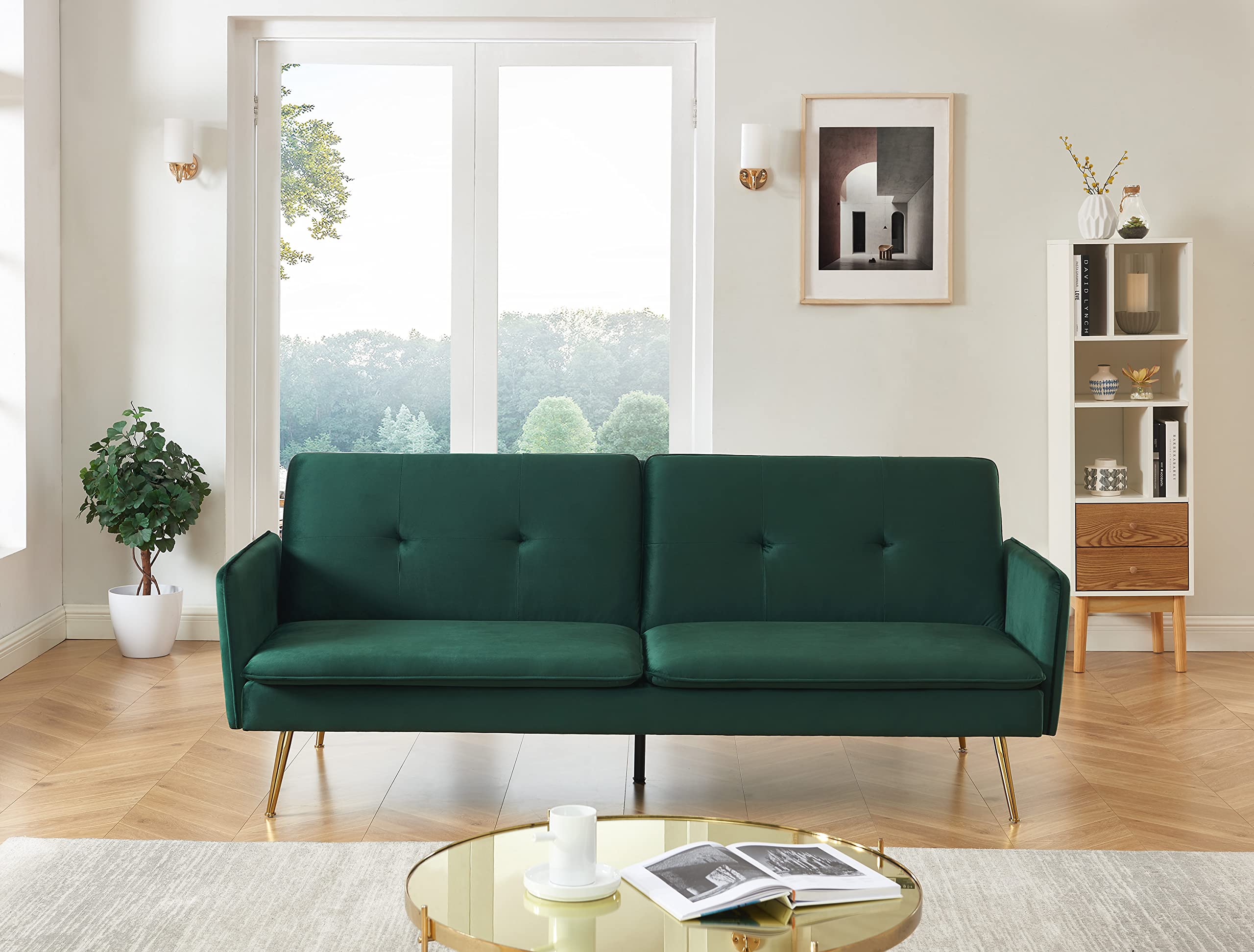 BAÏTA Adam - Divano dritto convertibile a 3 posti, in velluto, verde, 203,5 x 87,5 x 82 cm