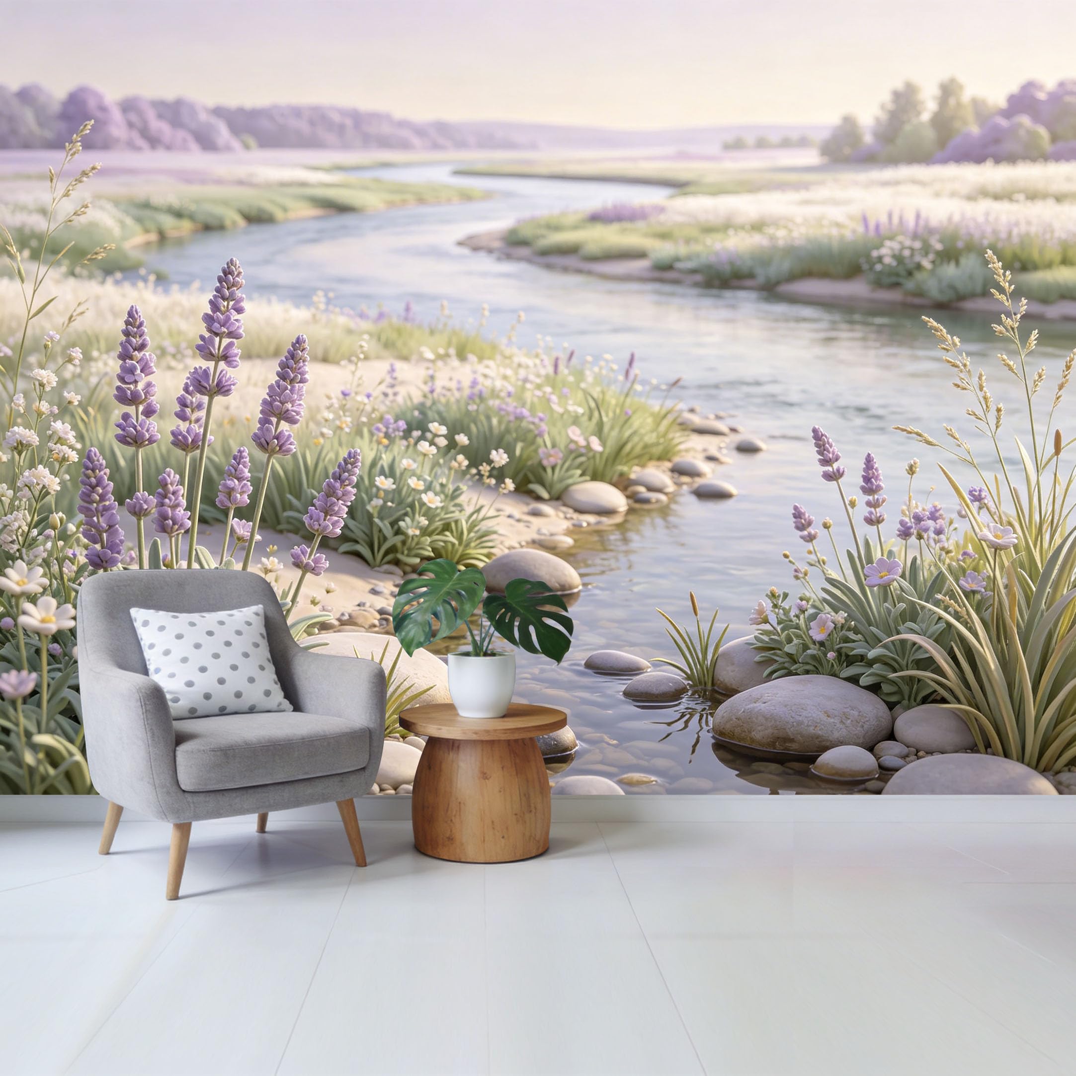 Qzlithotic Yq2605250414 Custom Size Wall Mural Lavender Flower Fields Serene River Bank Landscape Watercolor Selfadhesive Wall Fabric Removable Wallpaper For Home Office Decor