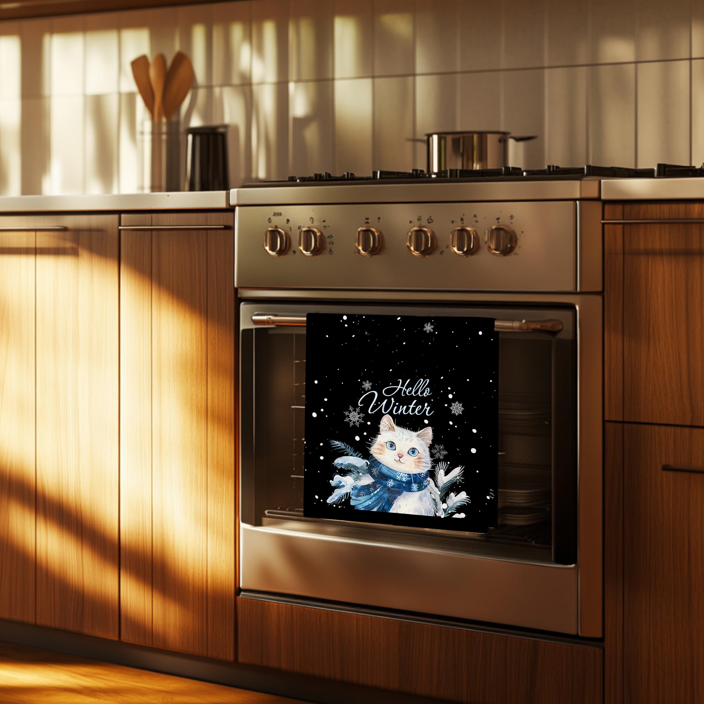 Toallas de cocina de invierno con diseño de gato – Hello Winter - Linda decoración de cocina de invierno, toallas de mano para amantes de los gatos, decoración de gatos de invierno, 16 x 24