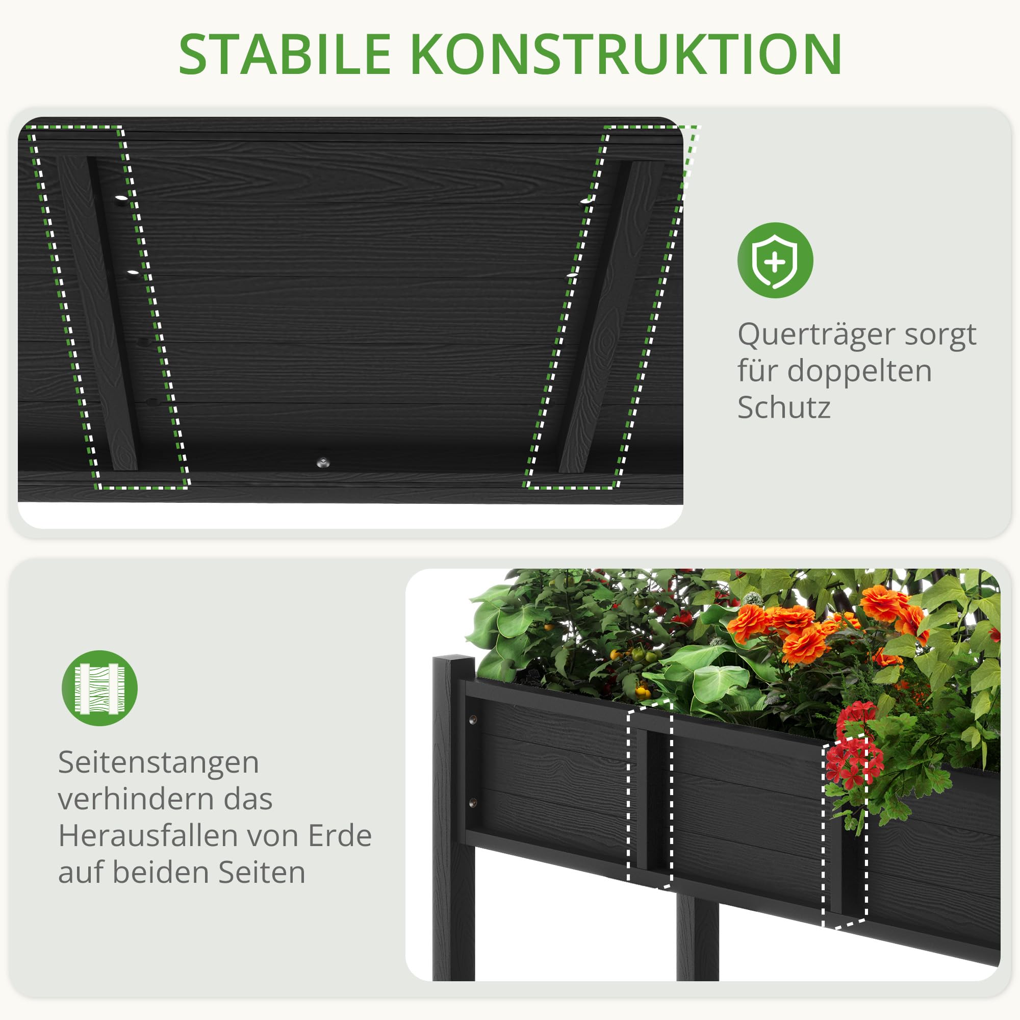 LUE BONA Hochbeet mit Werkzeugen, 113 x 45 x 73cm, HDPS - Hochbeetkasten mit Beinen und Ablagefach, wetterbeständig, 3 Jahre Garantie, für Kraut - & Gemüseanbau, Garten, Balkon, schwarz