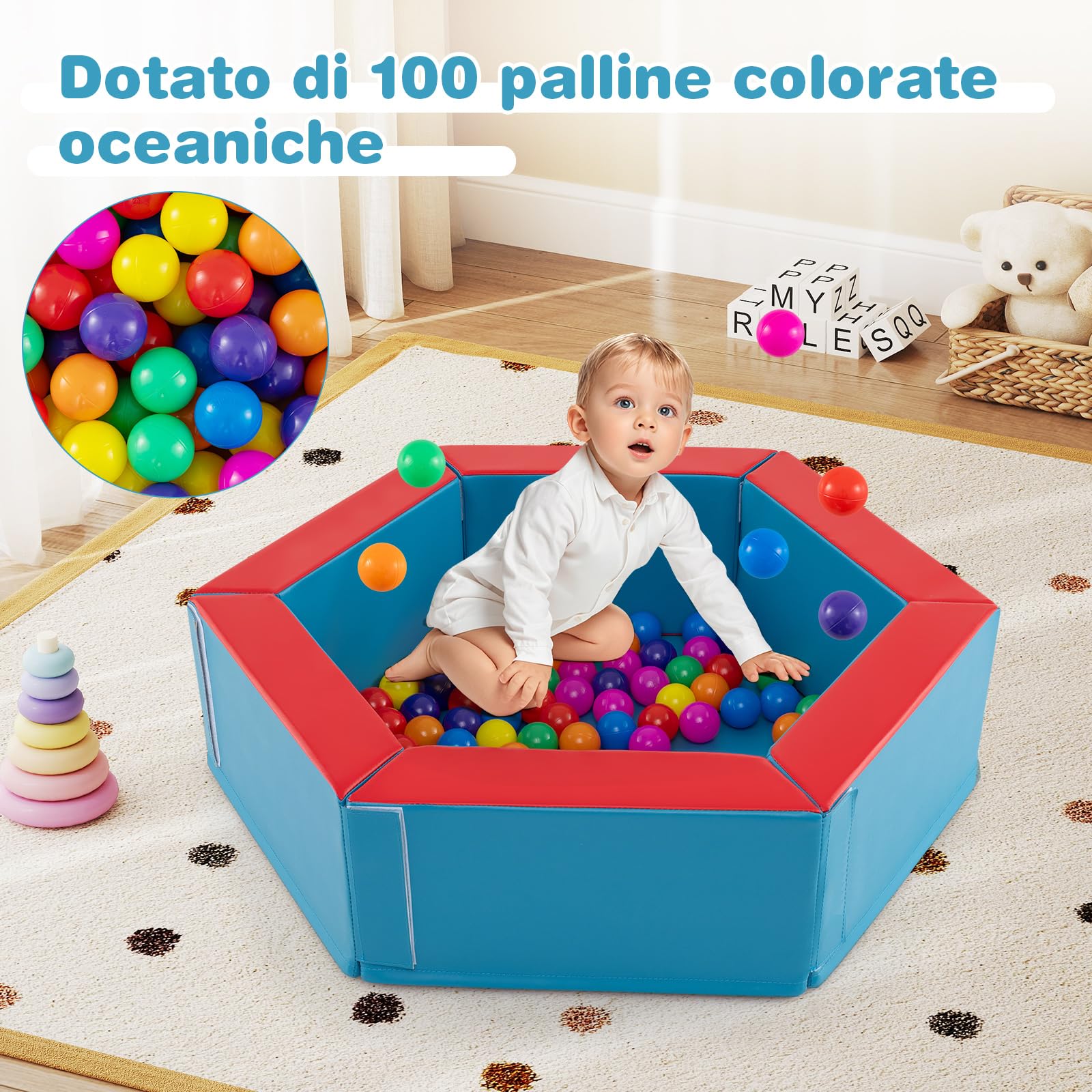 COSTWAY Set di 3 Blocchi da Arrampicata in Schiuma per Bambini, Set Gioco per Interni con Piscina di Palline, Triangolo, Scala e Palline Colorate per Bambini 1+ Anni