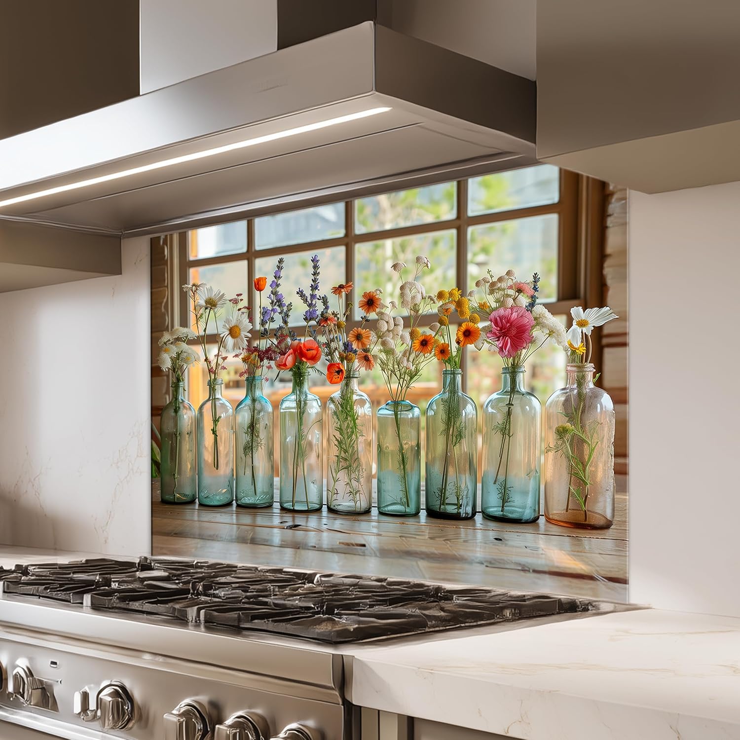 Tempered Glass Backsplash, Floral Glass Backsplash, Kitchen Wall Panel, Wildflower Bottle Design, Heat Resistant Splashback, Decorative Glass Backsplash, Custom Backsplash for Stove