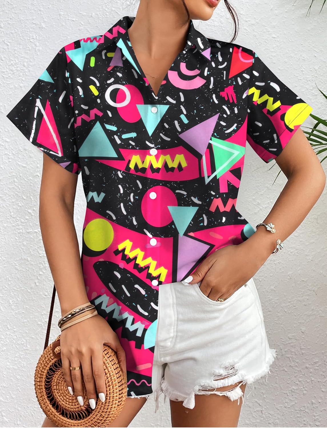 80s Outfits Women 80s 90s Neon Shirt Retro Theme Party Disco Shirt Hawaiian Button Down Short Sleeve Tops - Image 2