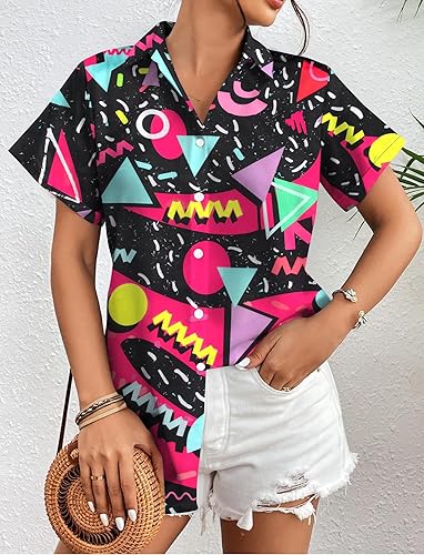 Miniatura 2 de Trajes de los años 80 para mujer, camisa de neón de los años 80 y 90, camisa retro para fiesta temática de discoteca, camisa hawaiana con botones