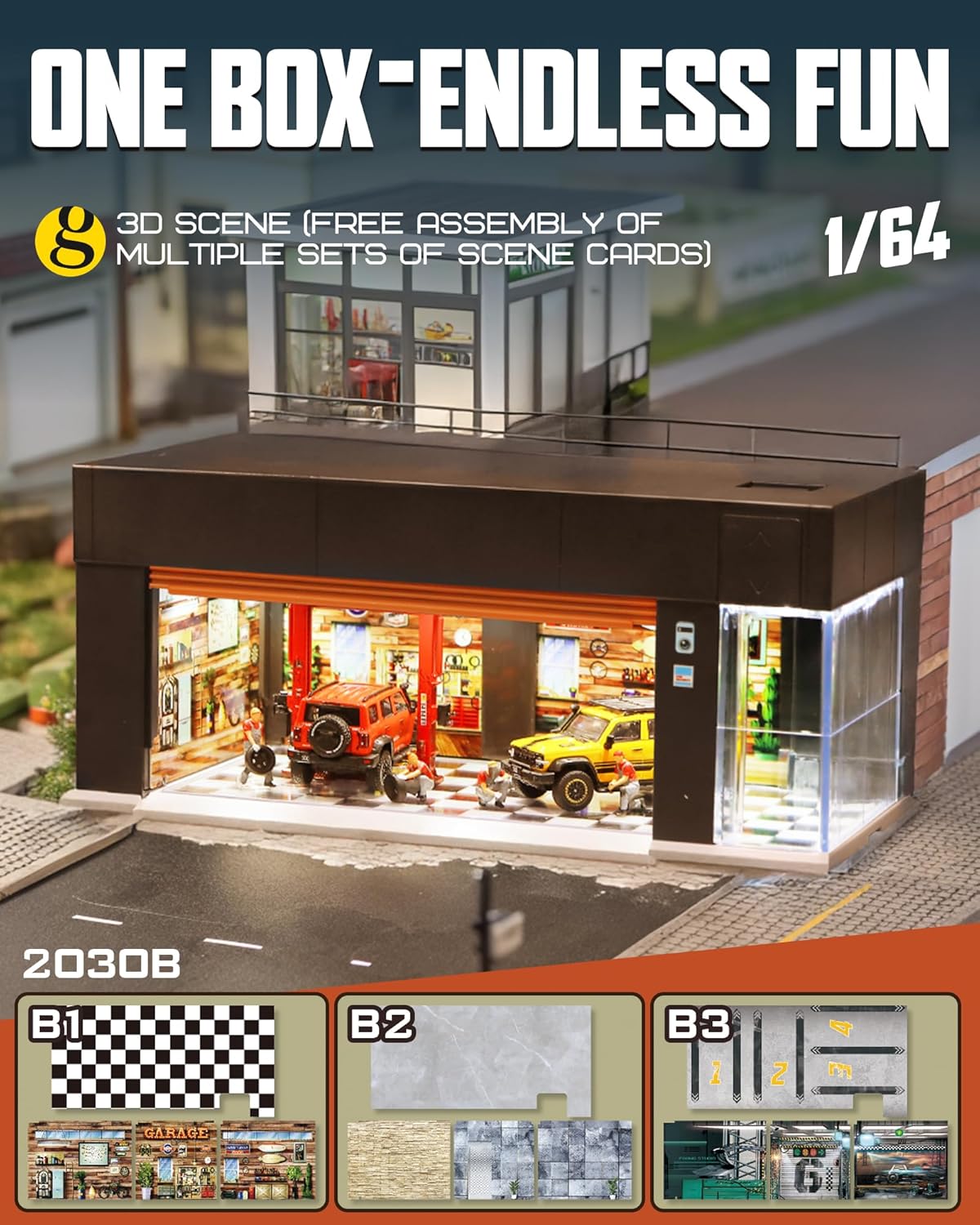 1/64 Scale Diecast Display Case for Hot Wheel Storage with LED Lights, Stackable Electric Garage with Voice Control, 3 Replaceable 3D Scenes Parking Lot Diorama for Model Cars (Brown)