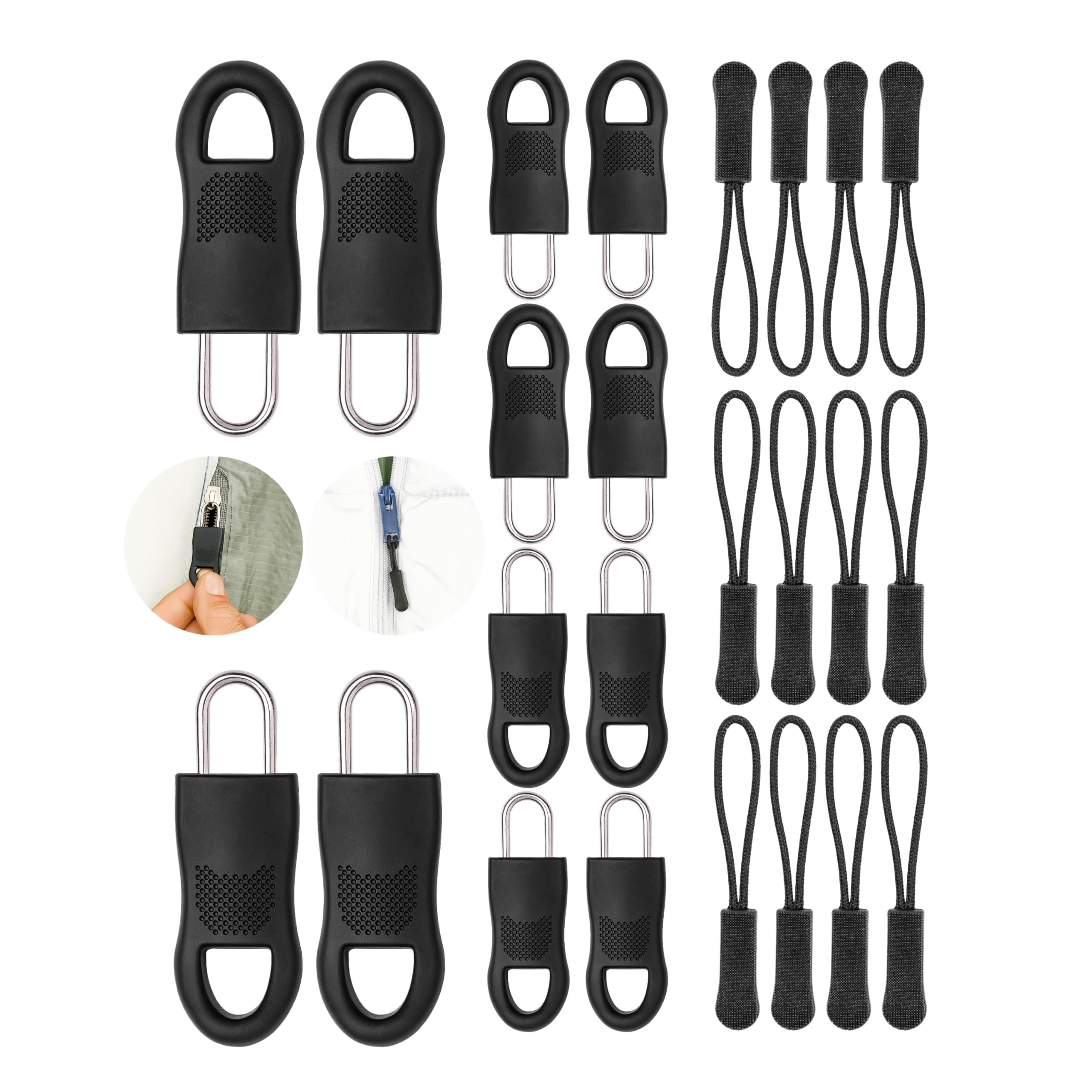 Repair Zip pullers, 24 Sets, 12 x Nylon tabs, 8 + 4 x Zip pullers, Zip Puller, Zip Slider for Suitcase, Backpack, Handbag, Zip Puller Slider tabs