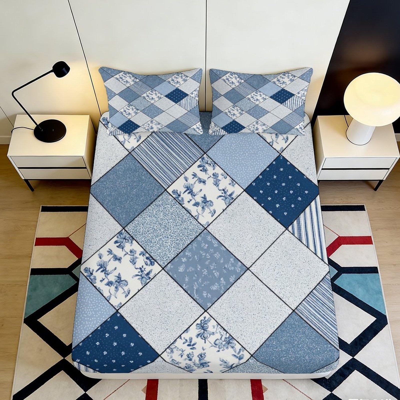 3D Printed Blue Patchwork Fitted Sheet Microfiber Soft Durable Floral Pattern Bed Cover for Bedroom Dormitory Guest Room Mattress Protection 90x200x25cm