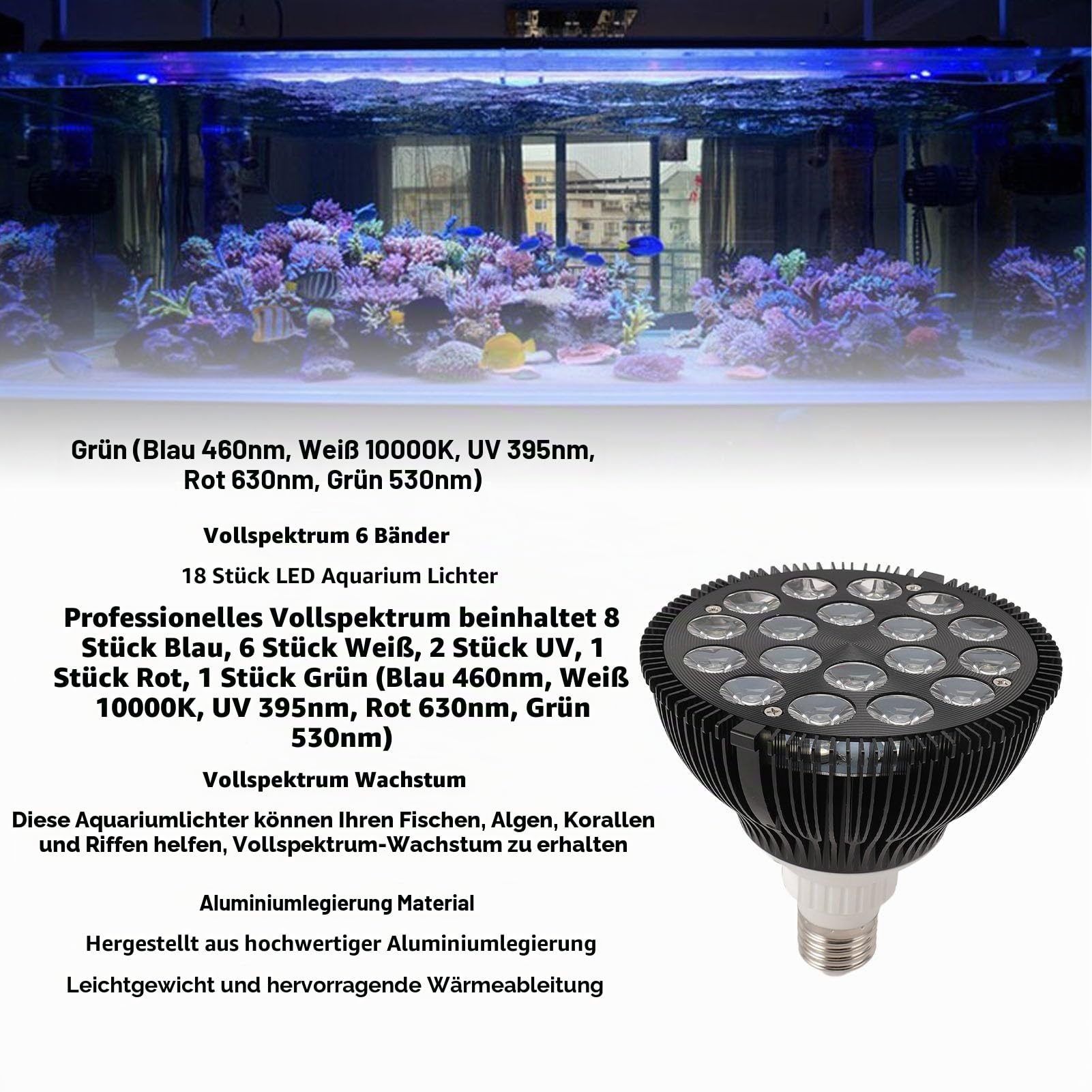 Fockety LED Aquariumbeleuchtung, Glühbirne, Salzwasser Aquarium Licht, Vollspektrum, Wasserpflanzen, Wachstumslampe, Refugium Licht, LED Rifflichter für Korallen Meeresalgen Schildkröten