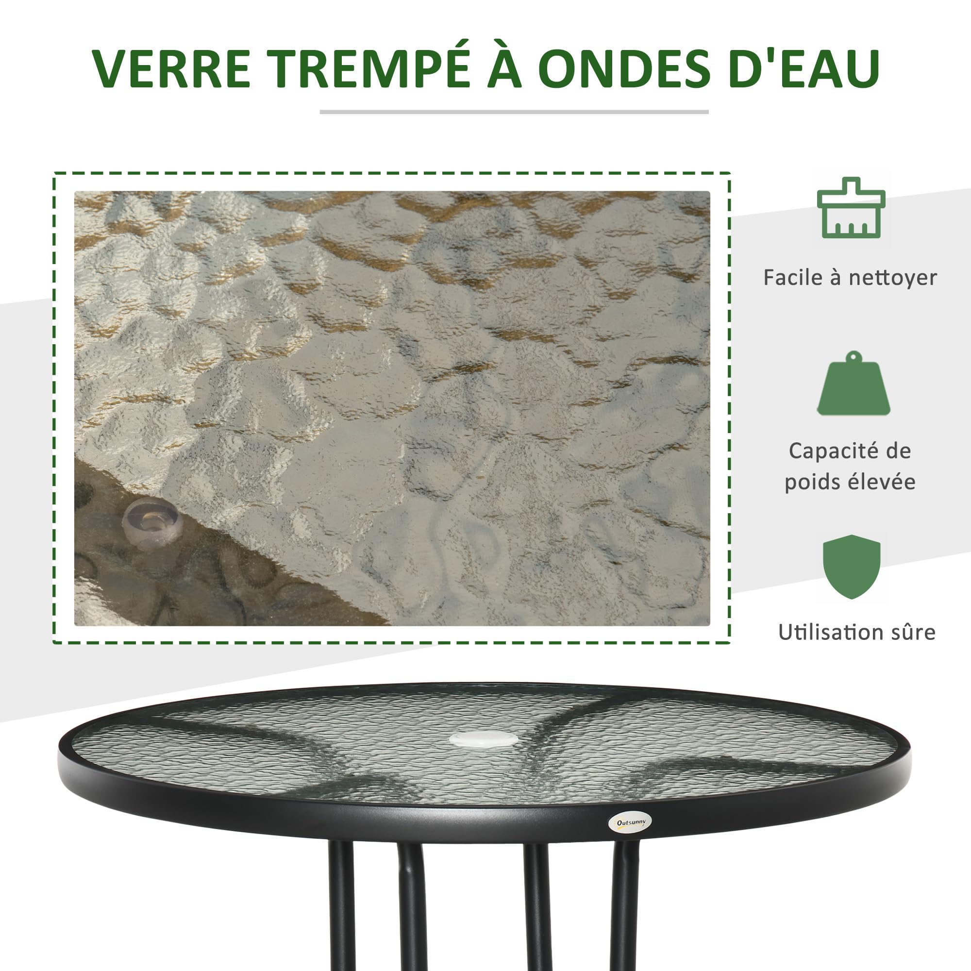 Outsunny Table à Manger de Jardin, avec Trou de Parasol, Table extérieure Ronde avec Plateau en Verre trempé, pour Jardin, Patio, terrasse, Ø 80 x 72 cm, Noir