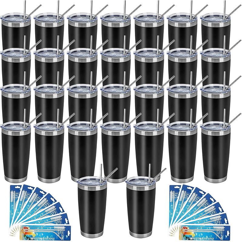 20oz Tumbler Bulk,Double Wall Vacuum Stainless Steel Insulated Tumbler with Lid and Straw,Travel Coffee Mug,Leak Proof Powder Coated Tumbler for Cold&Hot Drinks,30 Pack,Black