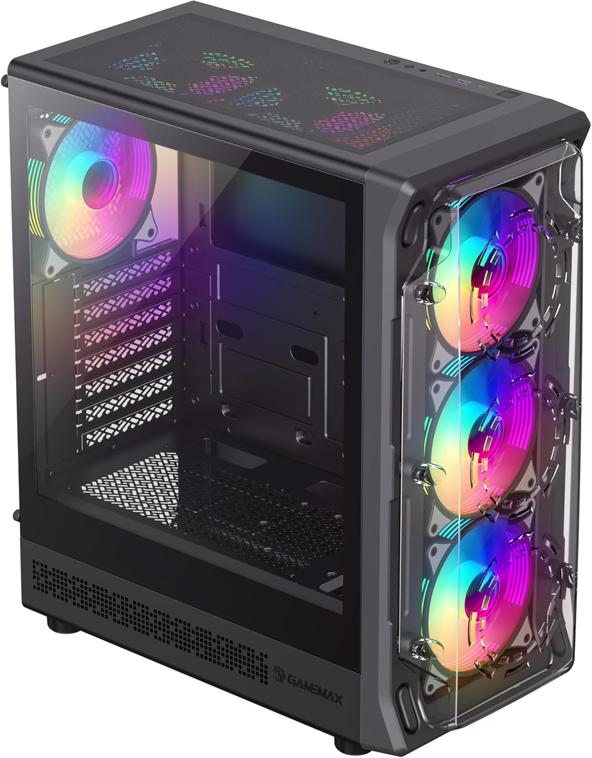 Fuq quddiem view of GAMEMAX Starlight 2 AB PC Case with I/O ports