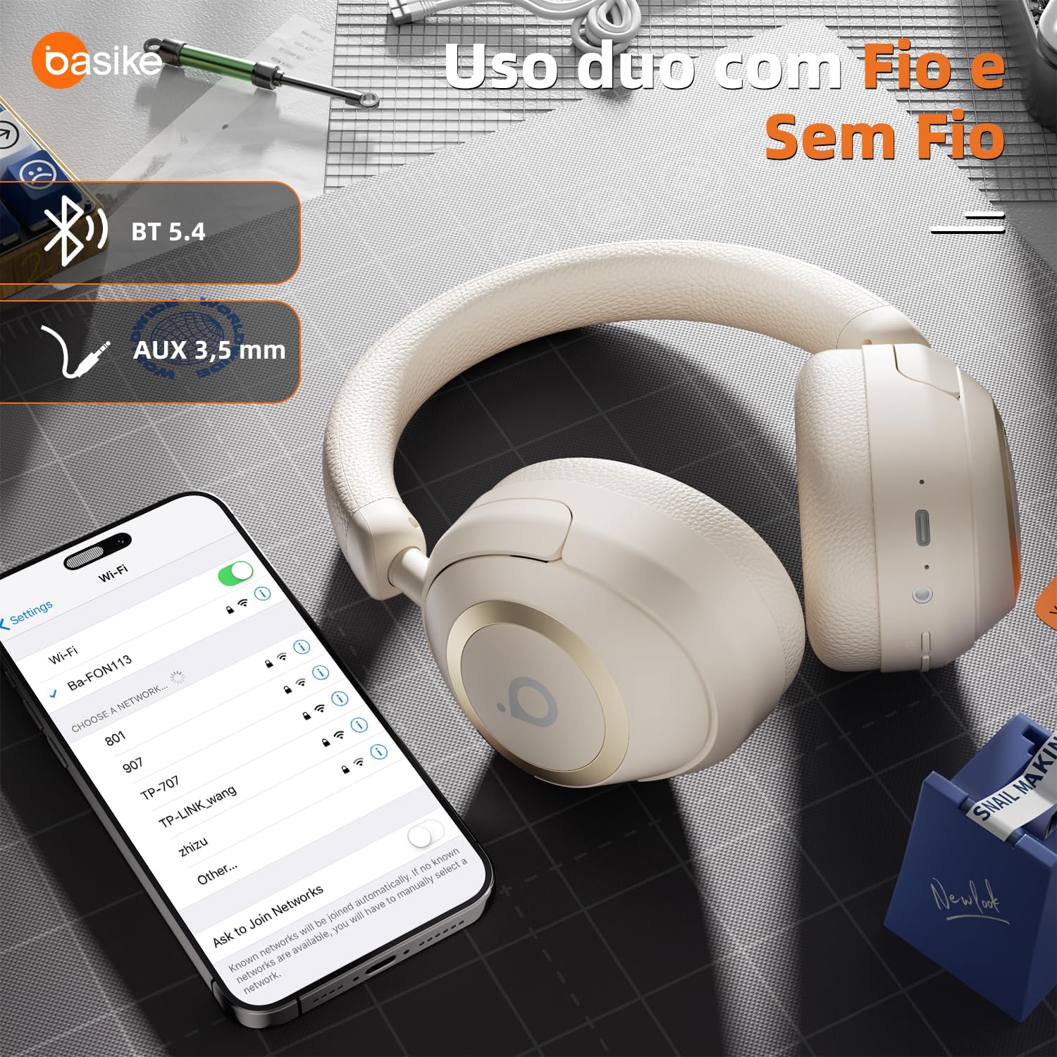 Fone de Ouvido Bluetooth, Basike BT21 Headphone Bluetooth, Redução de Ruído do ANC com Microfone, Certificação Hi-Pure Audio, 30 Horas de Duração da Bateria (Branco)
