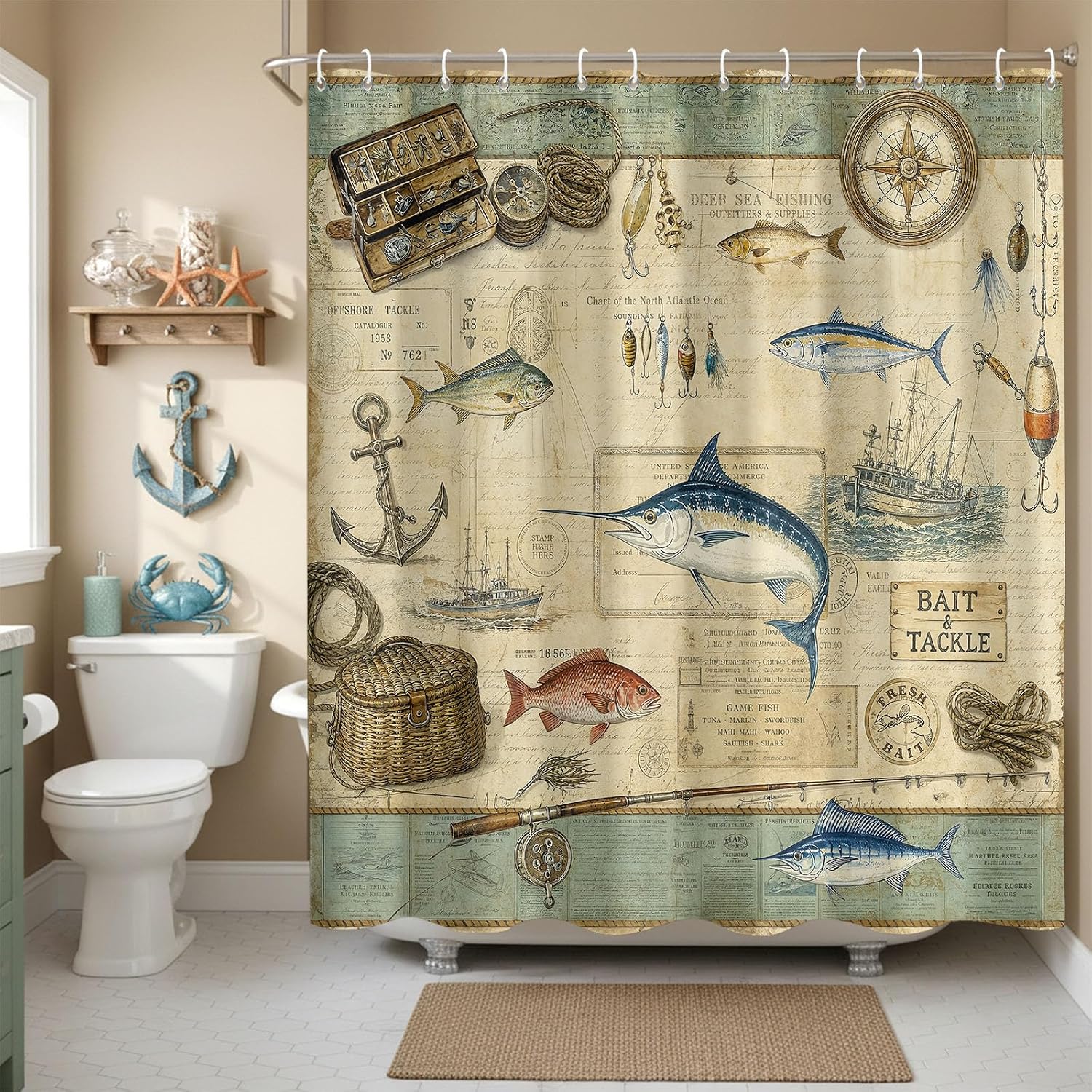 Fungarth Vintage Nautical Fishing Shower Curtain for Bathroom 72X72 Inch