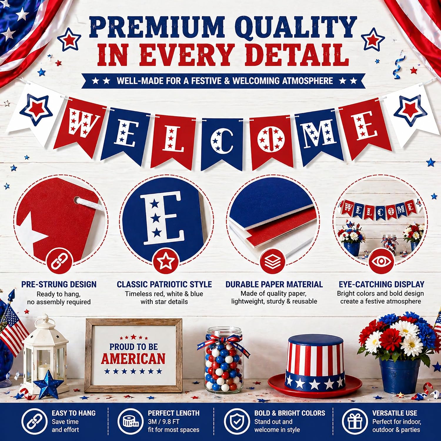 Patriotic Welcome Banner for 4th of July Decorations