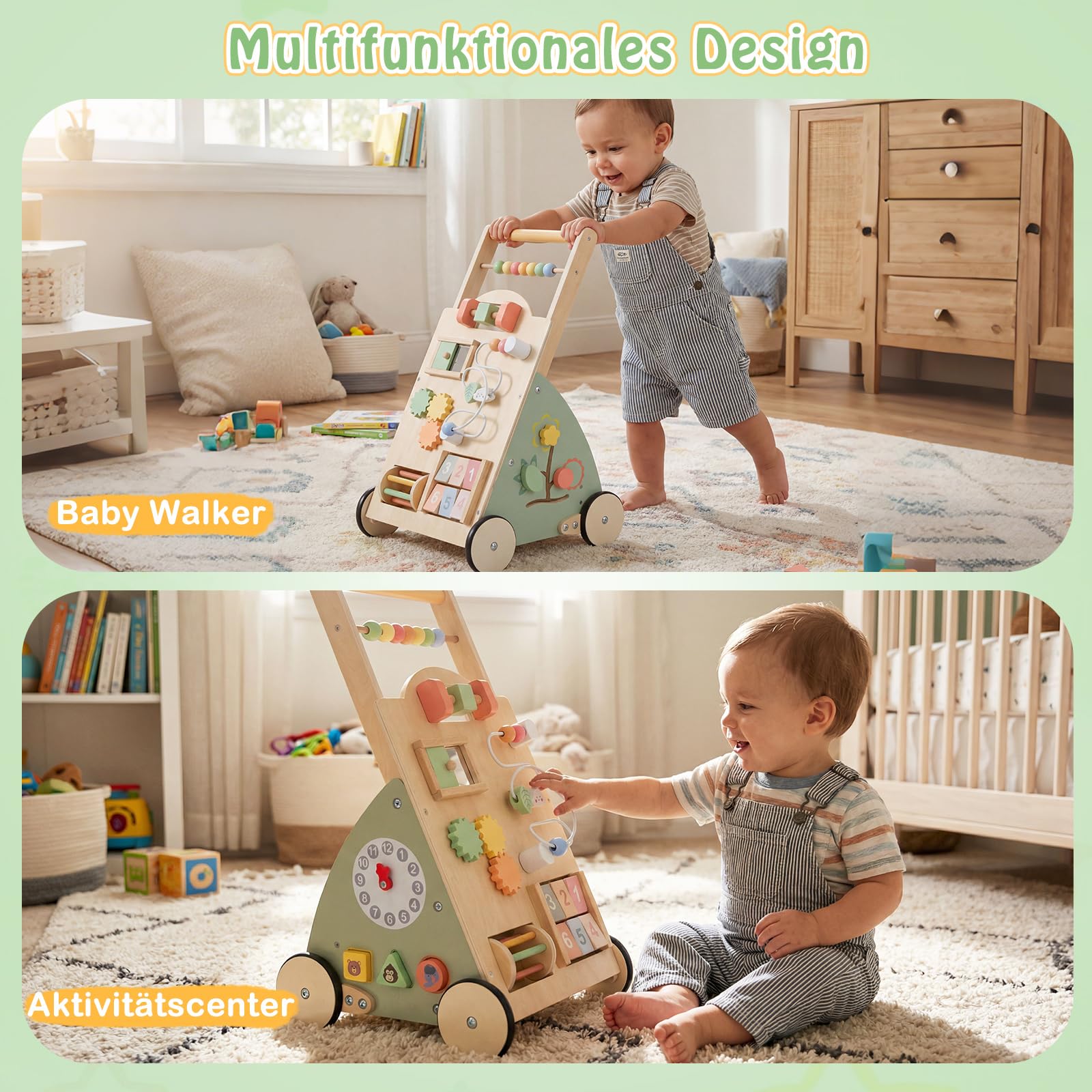 COSTWAY Baby Lauflernwagen Holz, Lauflernhilfe mit Activity Board, Rädern & Aufbewahrungskorb, Laufwagen, Montessori Lauflernspielzeug & Aktivitätszentrum für Kinder ab 1 Jahr