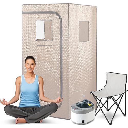 Smartmak Portable Home Steam Sauna, Full Size Personal Sauna Spa Box, Single Saunas Tent with Steamer, 4L 1500W Steam Generator 99 Min Timer, Remote Control, Upgraded Foldable Chair, Mat, Champagne